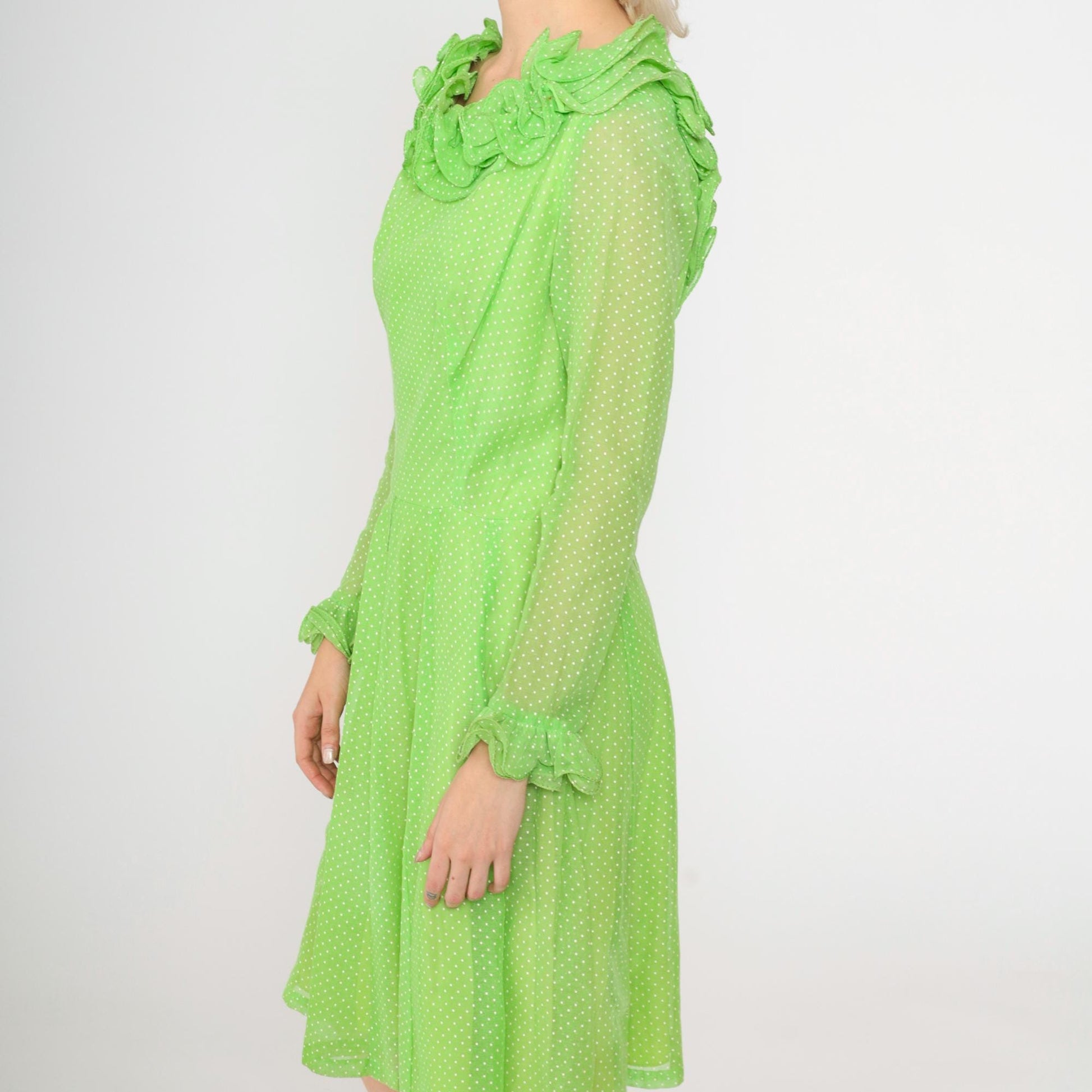 70s Coco California Polka Dot Midi Dress Green Ruffled High Waist Small