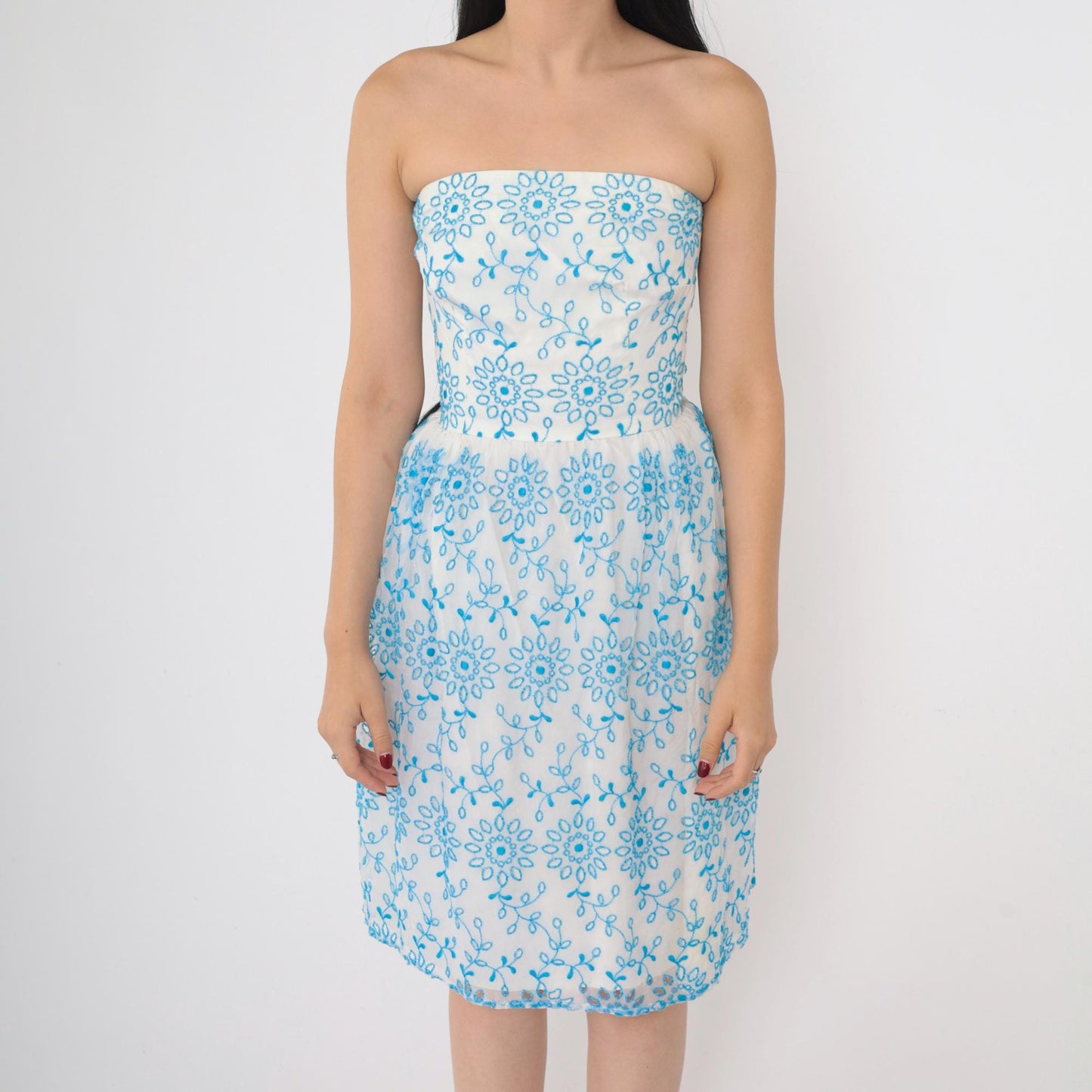 60s Strapless Dress Blue Floral Embroidered White Knee-Length XXS