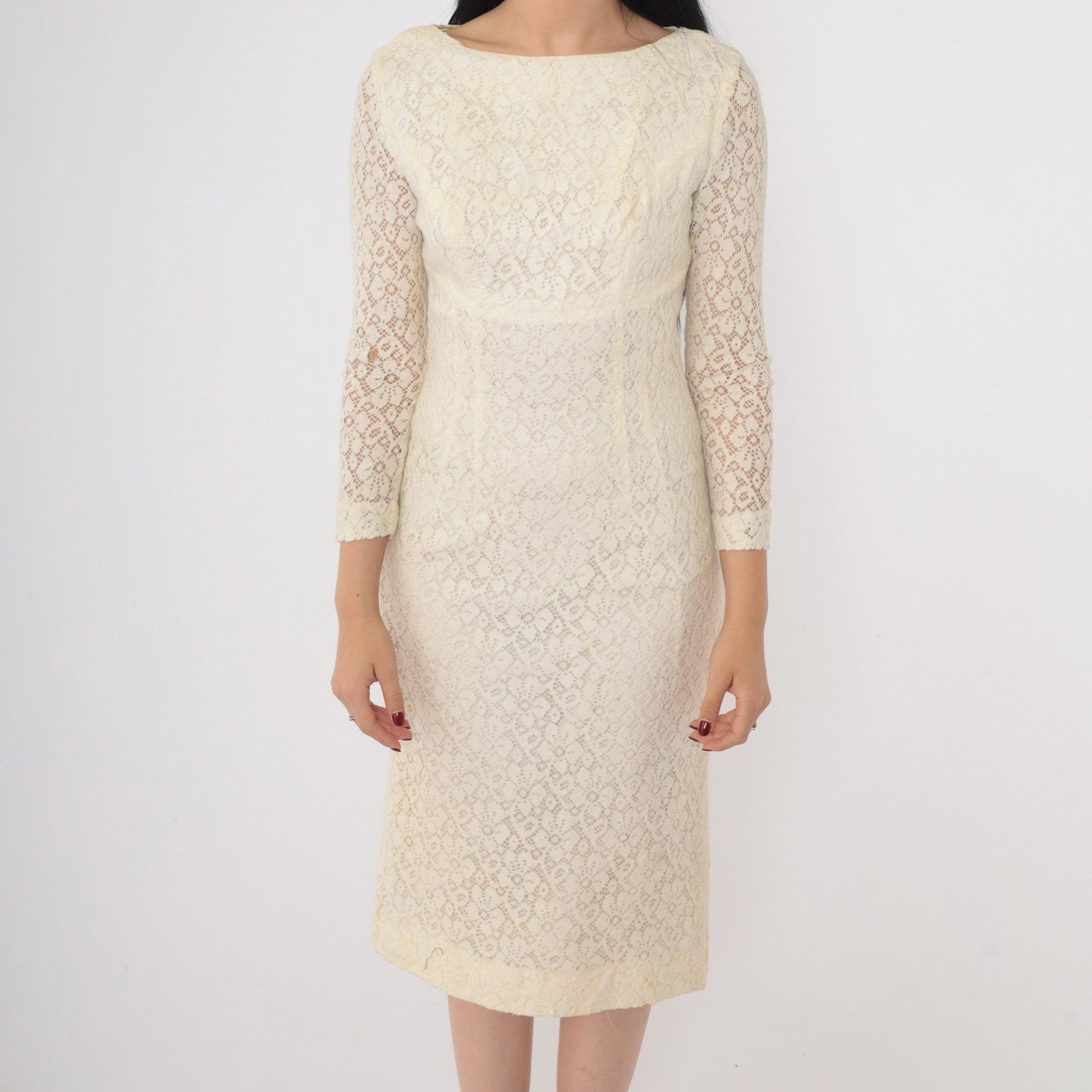 1960s Cream Lace Midi Dress Sheath Sheer Sleeve Cocktail Extra Small