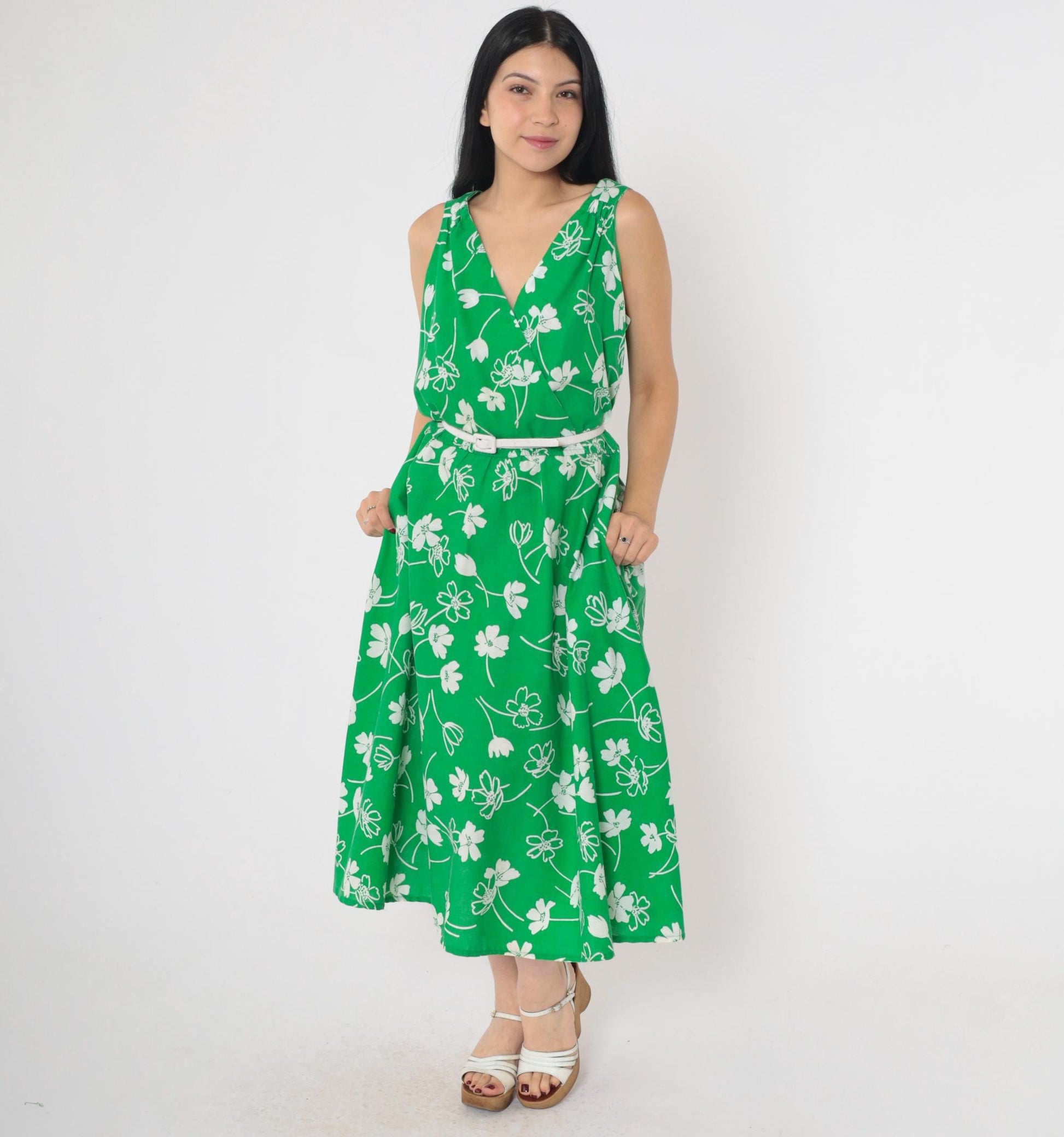 70s Green Floral Midi Wrap Dress Sleeveless High Waist White Belt Large