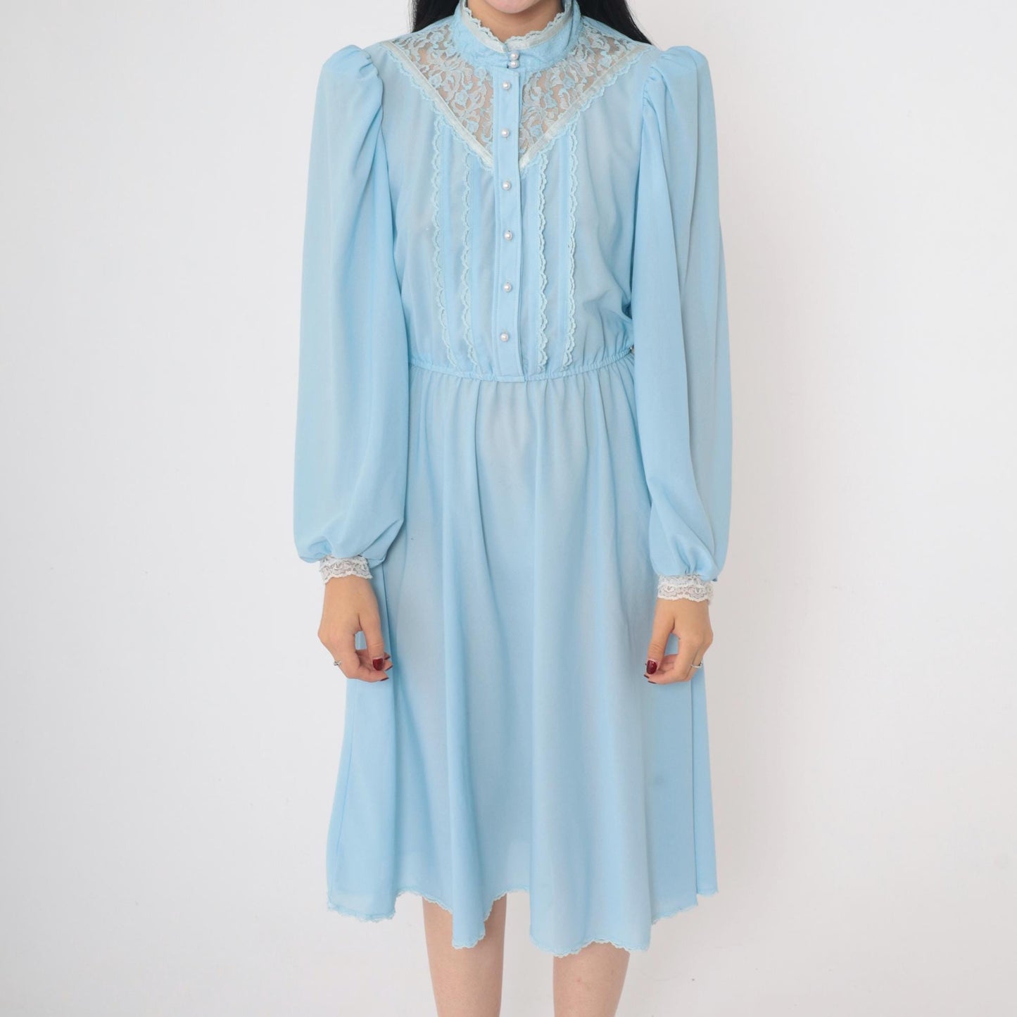70s Baby Blue Midi Dress Pearl Button High Waist Puff Sleeve Lace Yoke Small
