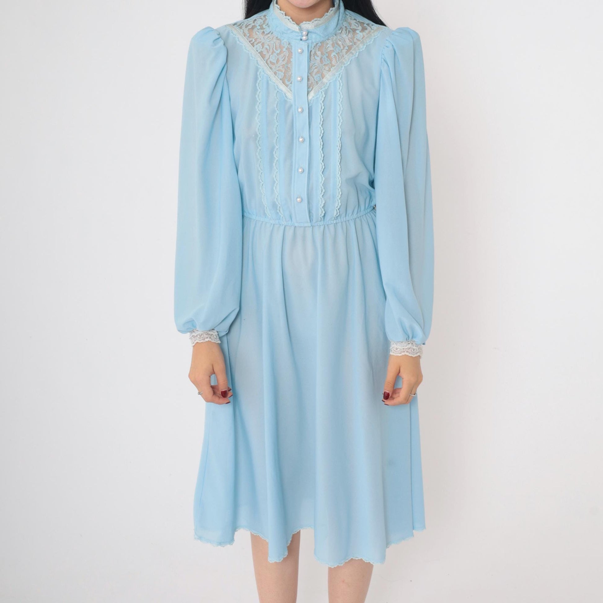 70s Baby Blue Midi Dress Pearl Button High Waist Puff Sleeve Lace Yoke Small