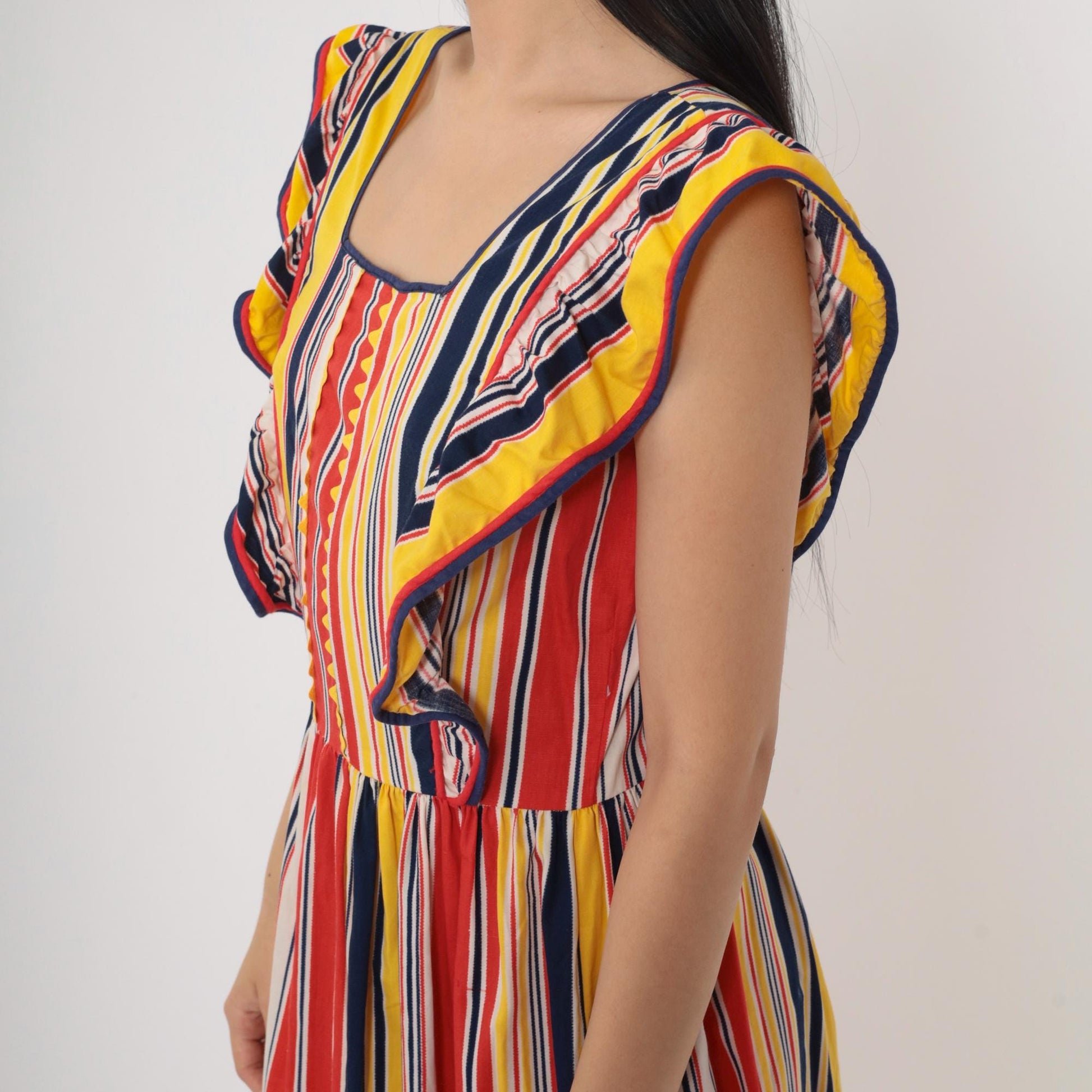 70s Striped Maxi Dress High Waist Ruffled Flutter Sleeve Red Yellow Navy Small Medium
