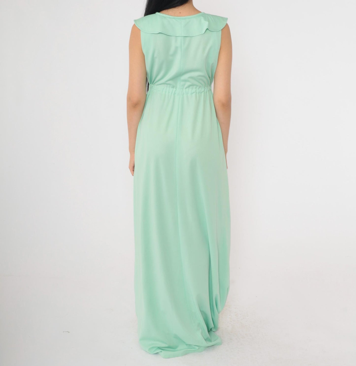 70s Mint Green Maxi Dress Ruffled V-Neck Sleeveless Drawstring Waist Medium