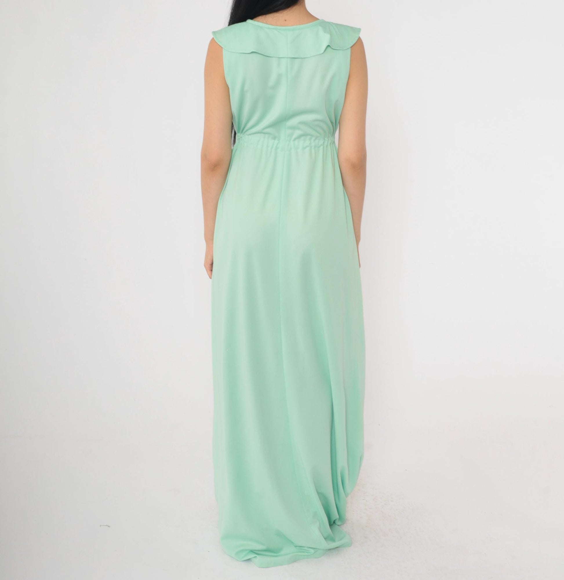 70s Mint Green Maxi Dress Ruffled V-Neck Sleeveless Drawstring Waist Medium