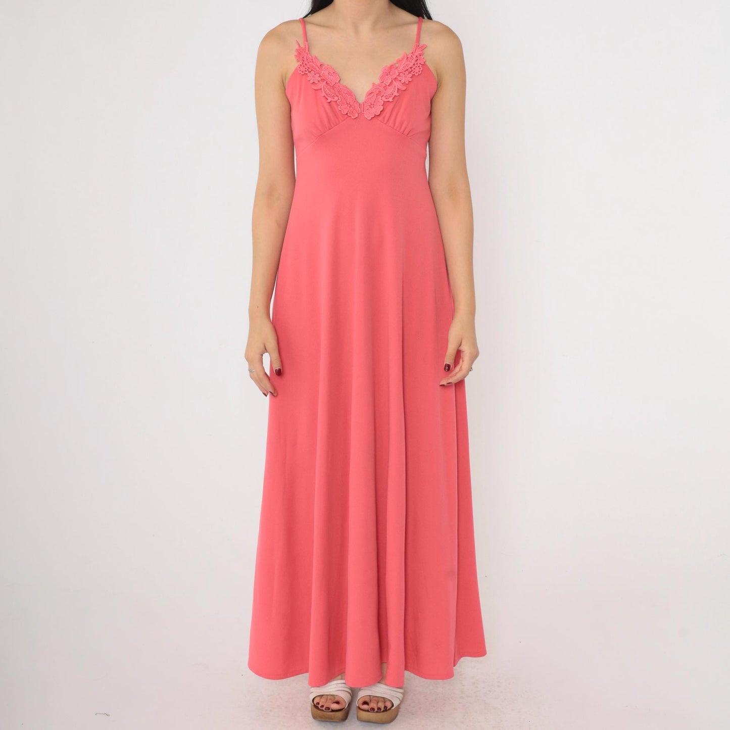 70s Coral Pink Grecian Maxi Dress Empire Waist Floral Lace Spaghetti Strap Extra Small