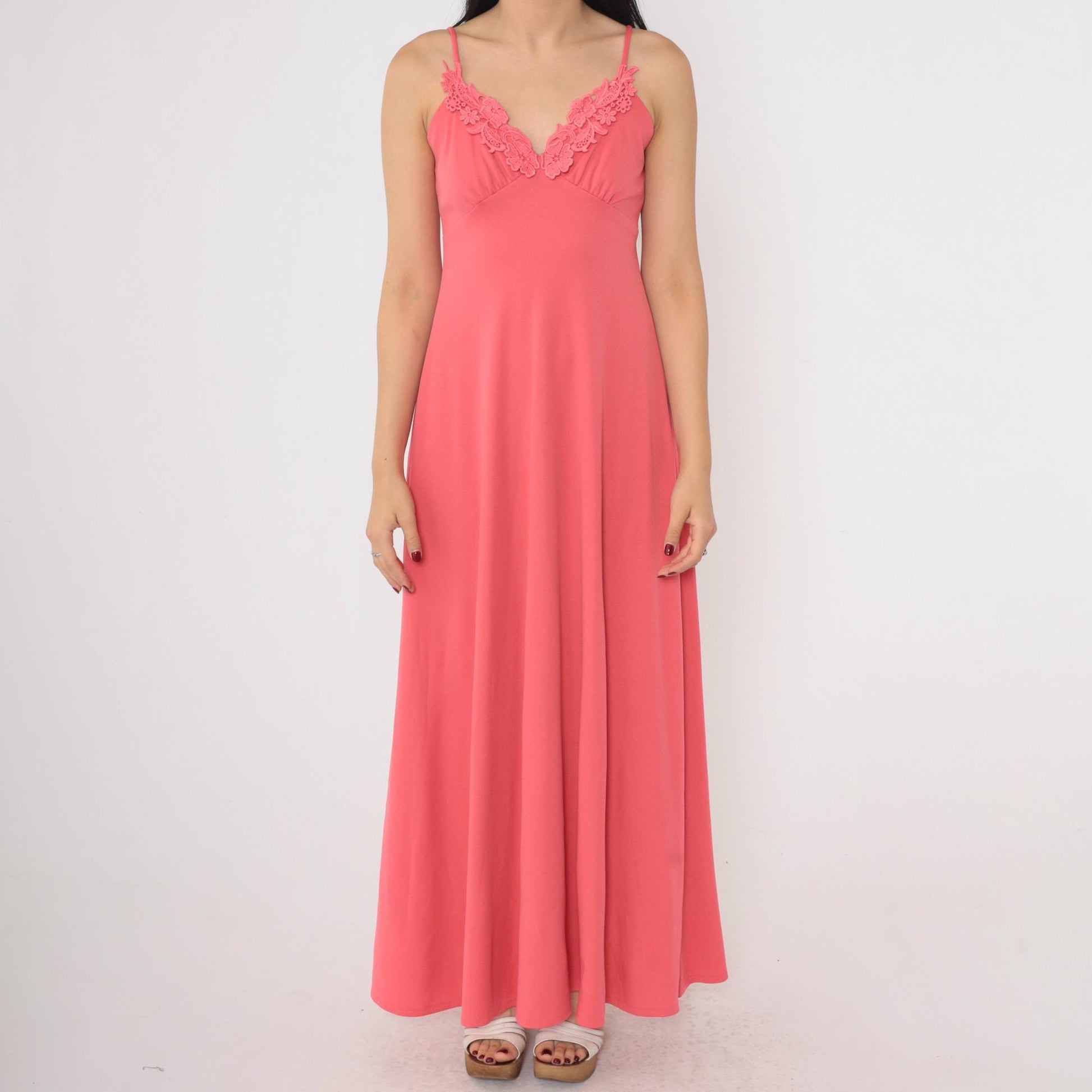 70s Coral Pink Grecian Maxi Dress Empire Waist Floral Lace Spaghetti Strap Extra Small