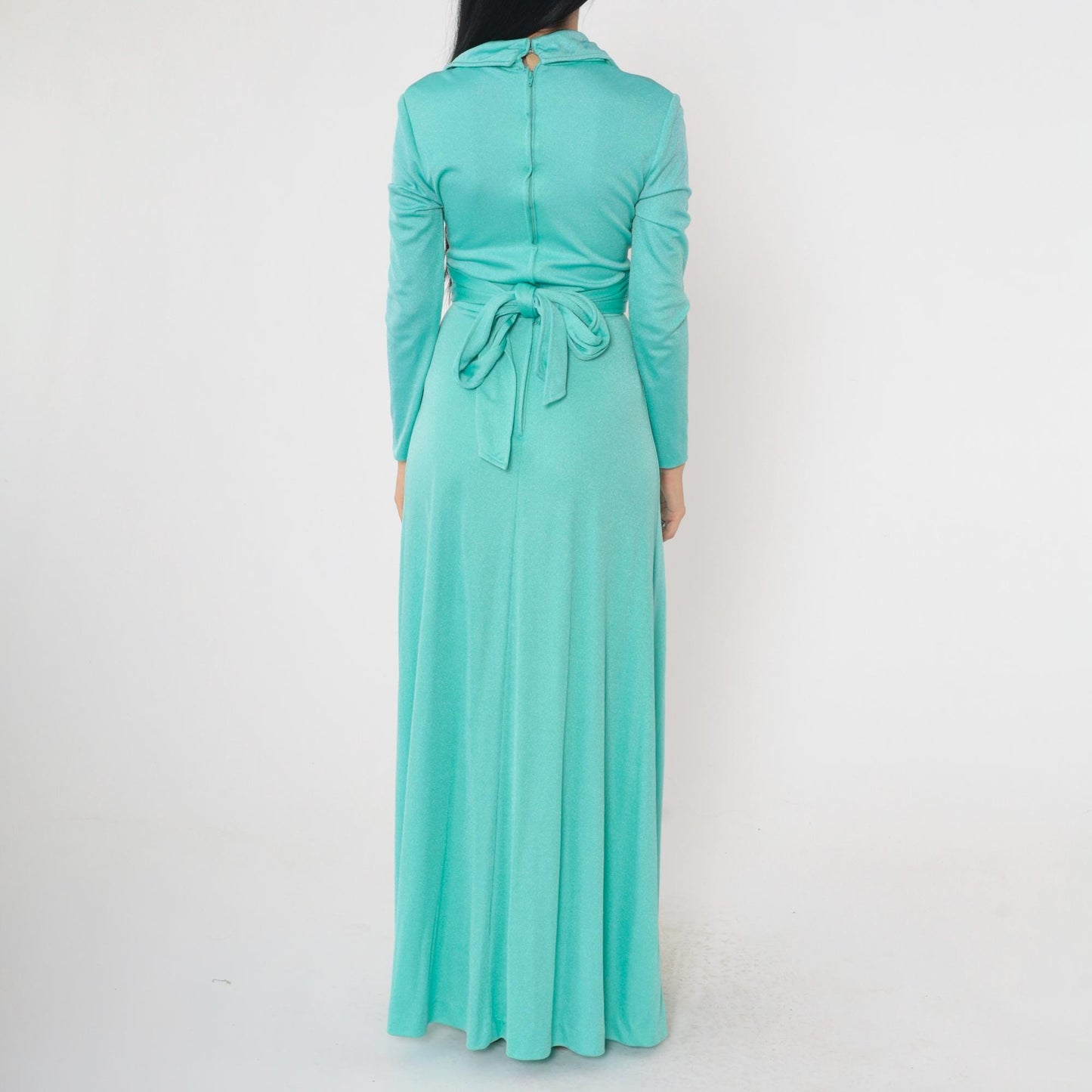 70s Turquoise Maxi Dress Plunge V-Neck Long Sleeve Belted Waist Small