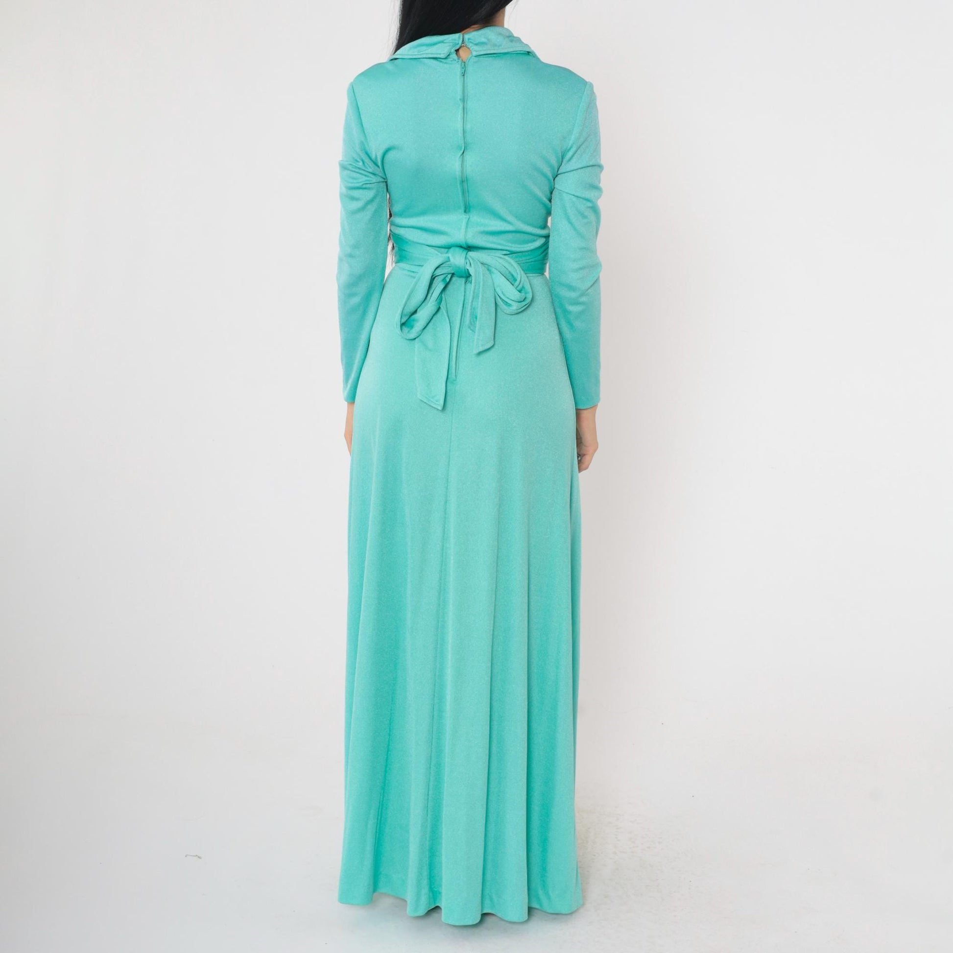 70s Turquoise Maxi Dress Plunge V-Neck Long Sleeve Belted Waist Small