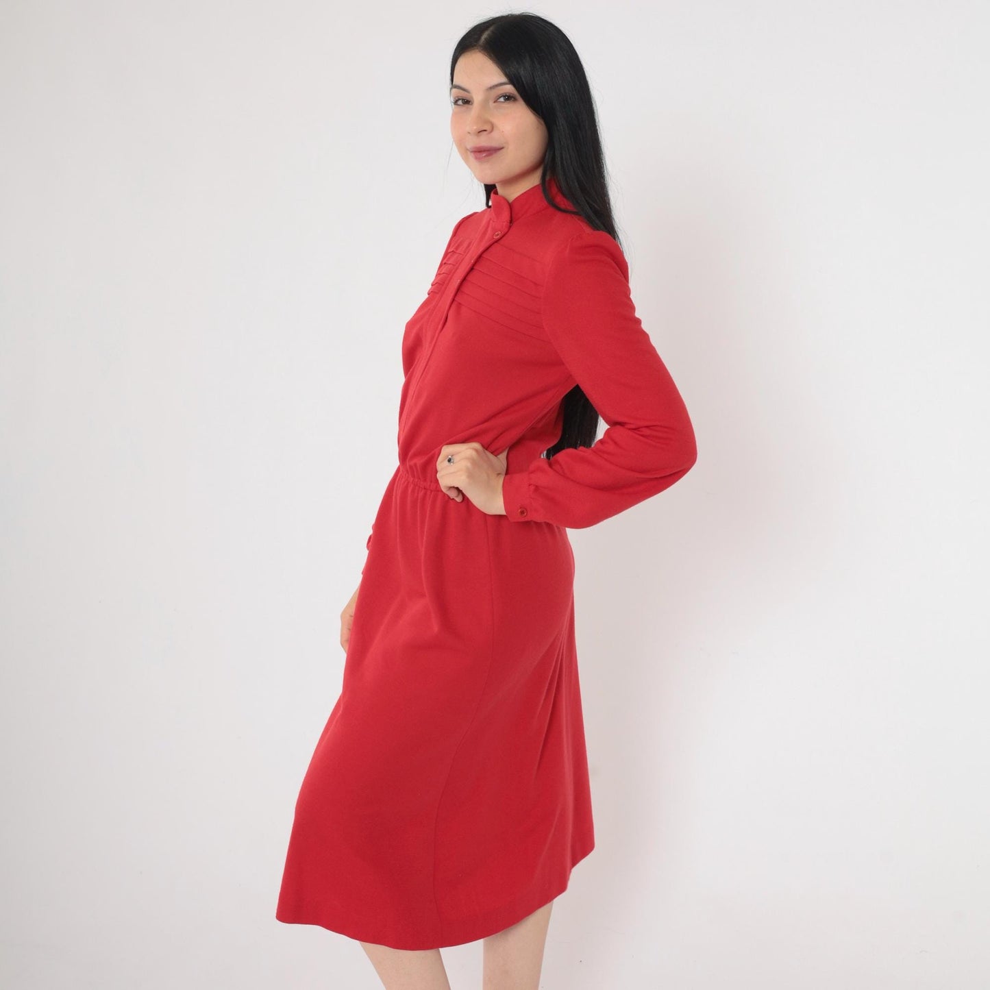 80s Red Button-Up Midi Dress High Neck Puff Sleeve Pleated Small