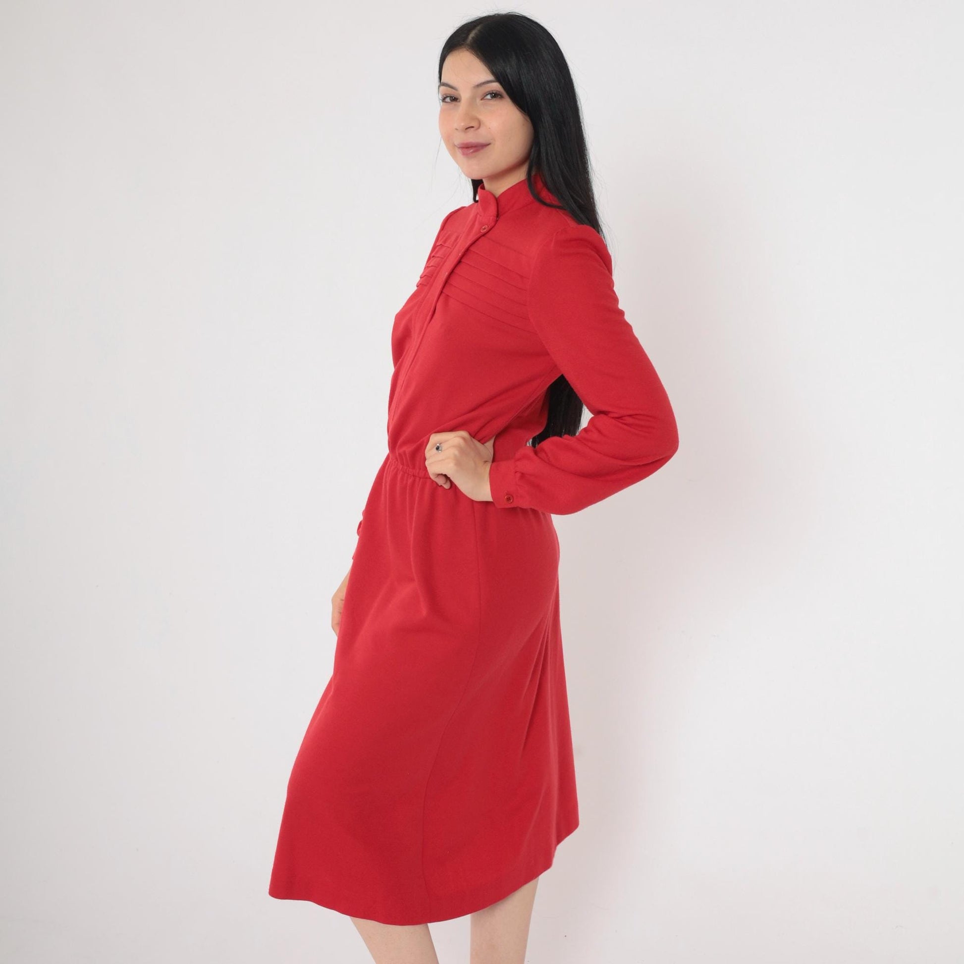 80s Red Button-Up Midi Dress High Neck Puff Sleeve Pleated Small