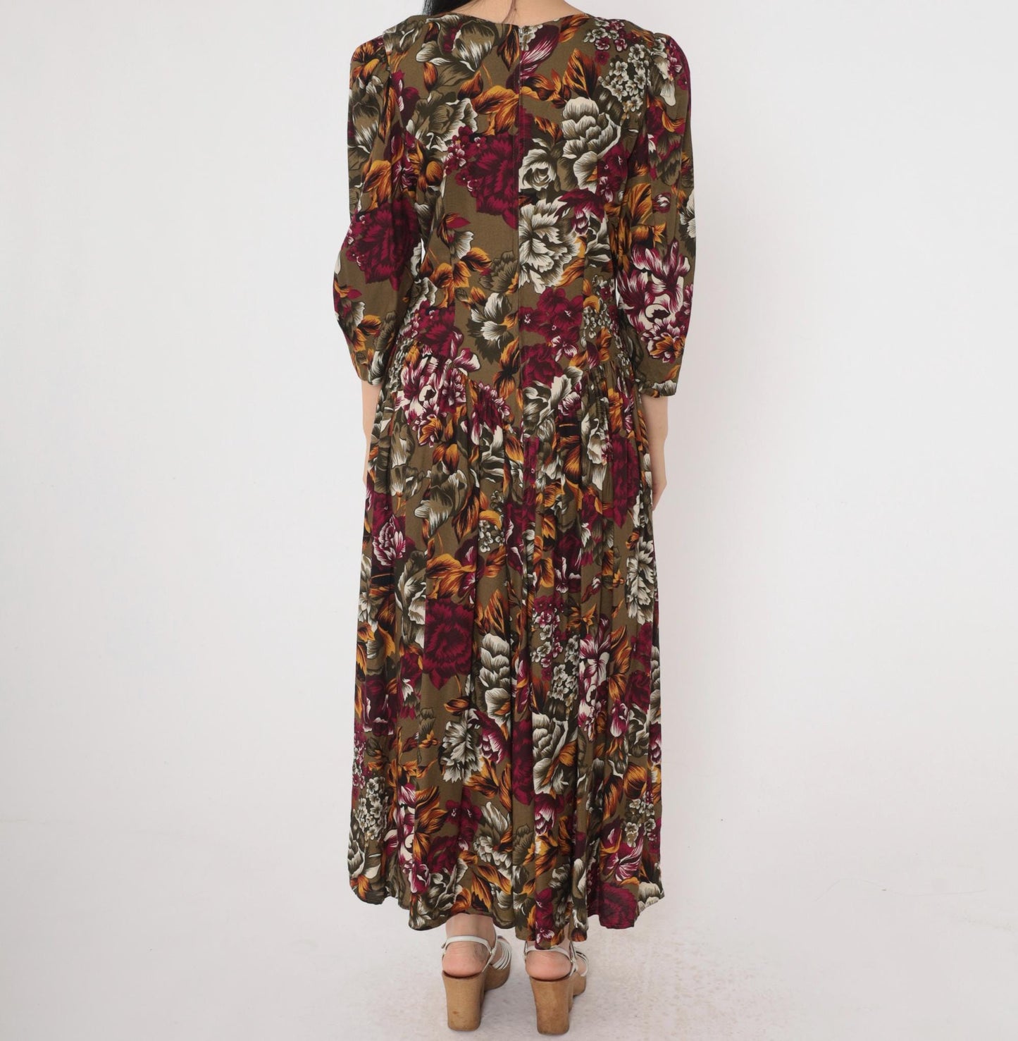 90s Olive Brown Floral Dress Puff Sleeve Basque Waist Ankle Length Medium