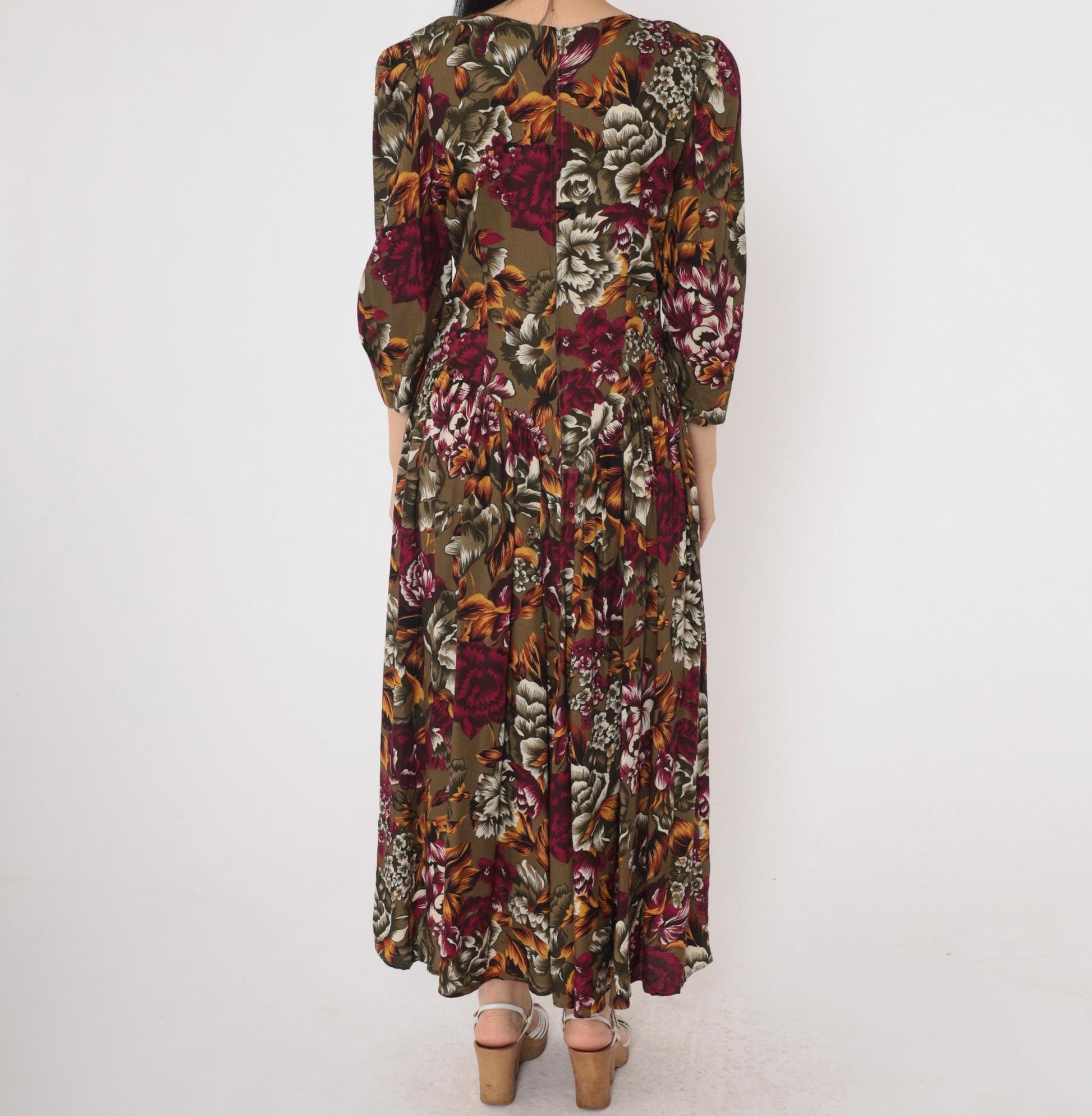 90s Olive Brown Floral Dress Puff Sleeve Basque Waist Ankle Length Medium