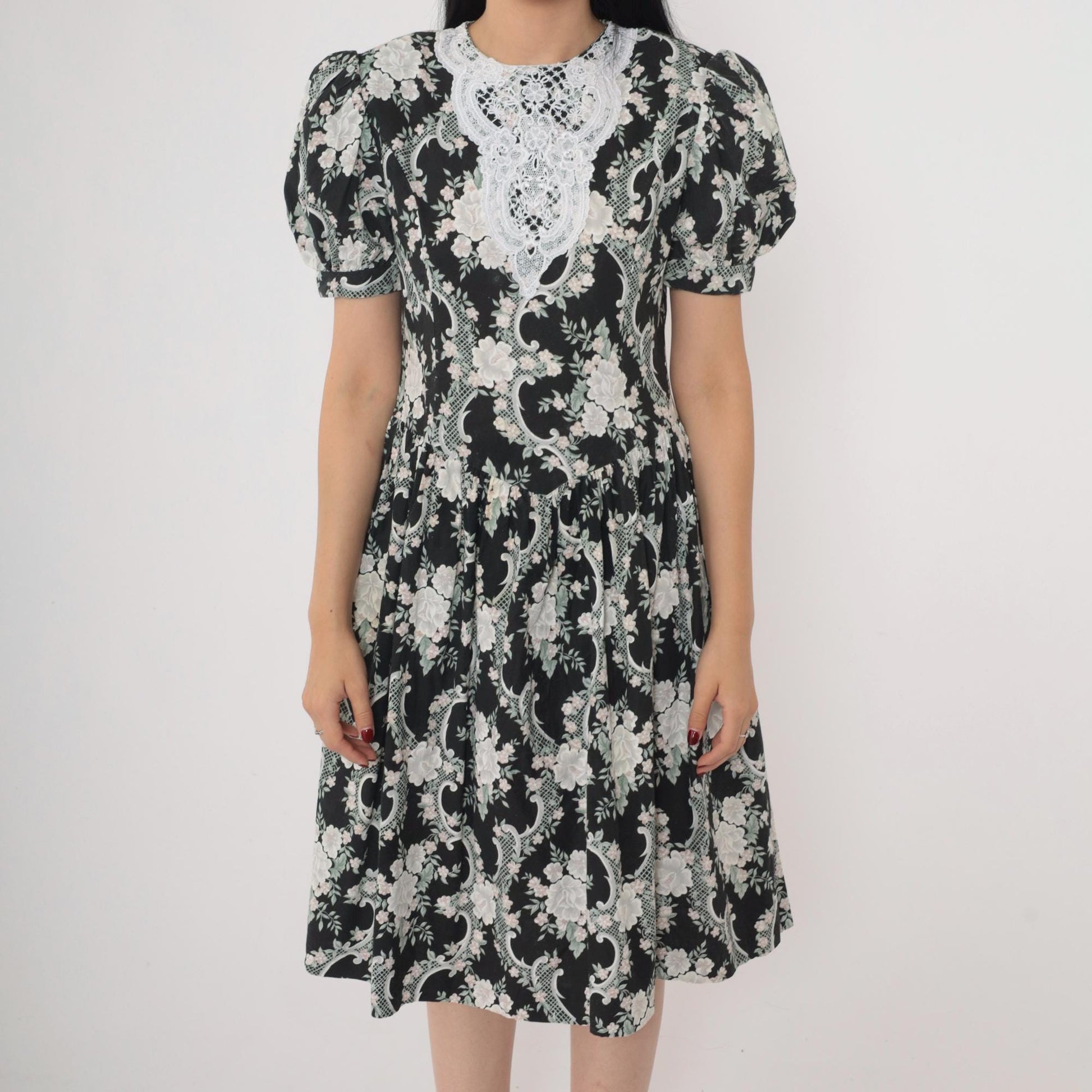 80s Gunne Sax Floral Lace Midi Dress Black White Puff Sleeve Basque Waist XS