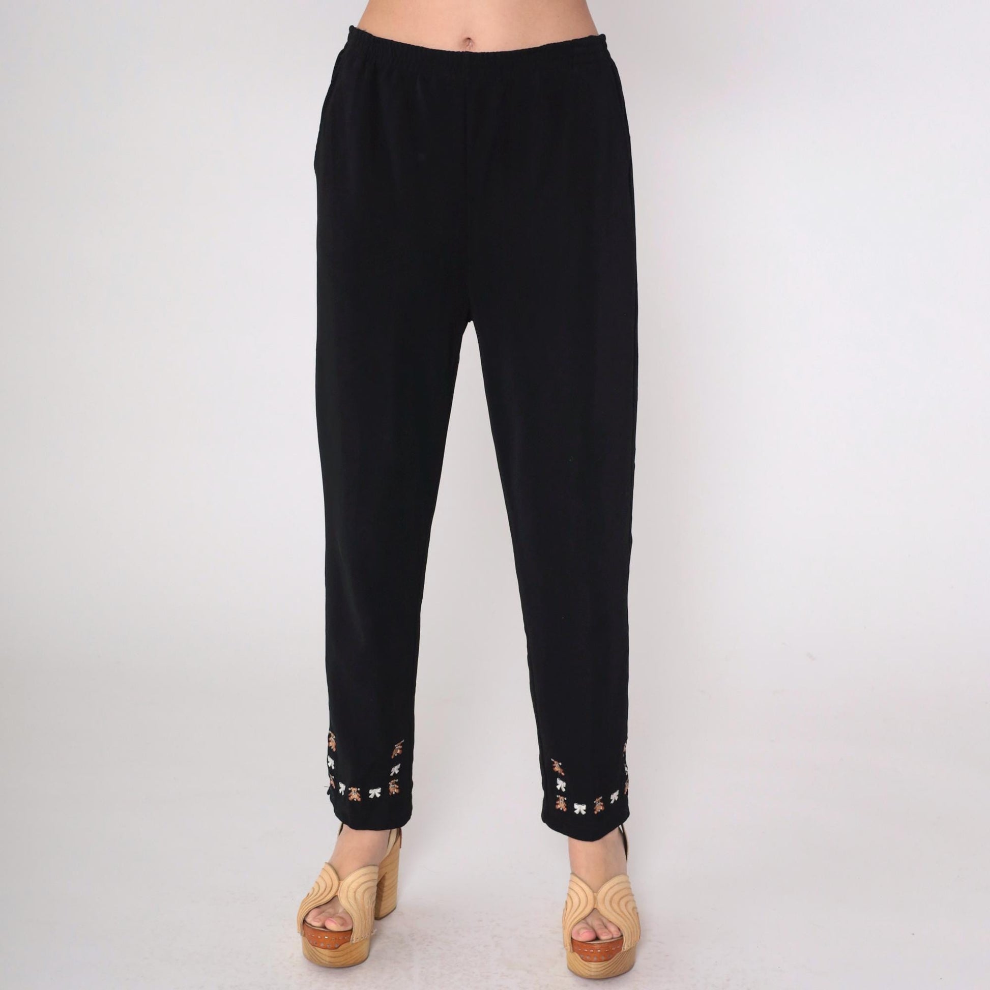90s Black Tapered Pants Teddy Bears Bows High Waist Large L