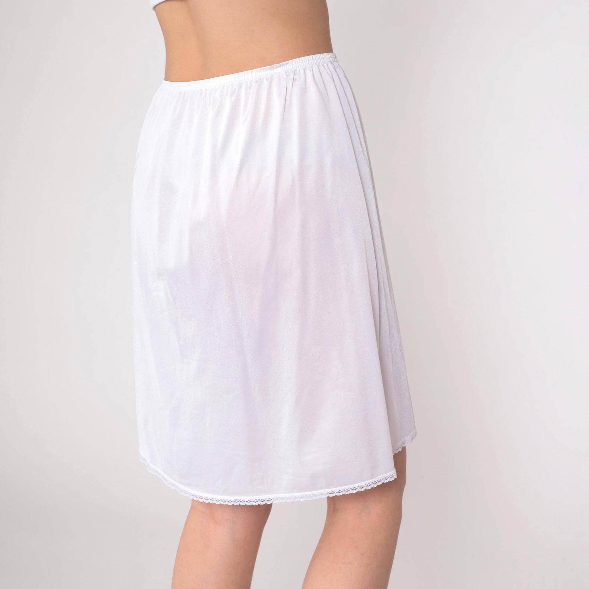 80s Vanity Fair White Nylon Slip Skirt Mini Lace Trim Medium