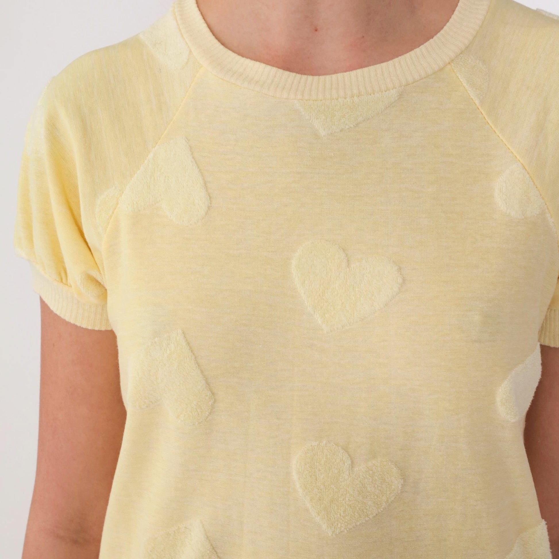80s Terry Cloth Heart Shirt Light Yellow Raglan Crewneck XS