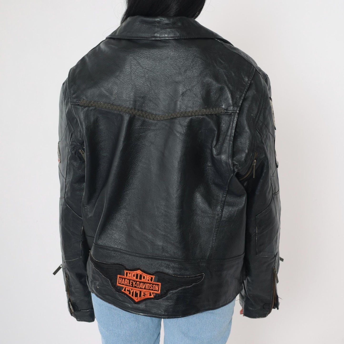 90s Black Leather Motorcycle Jacket POW MIA Patch Ace Spades Harley Medium