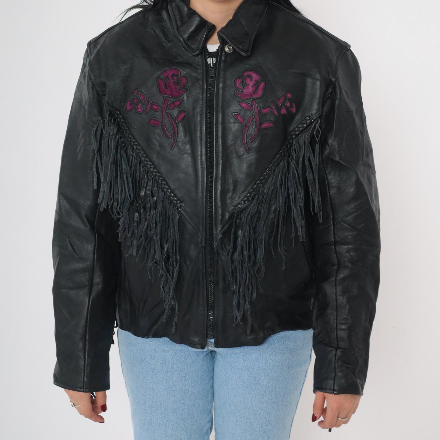90s Black Leather Fringe Jacket Purple Suede Roses Western Biker Large L