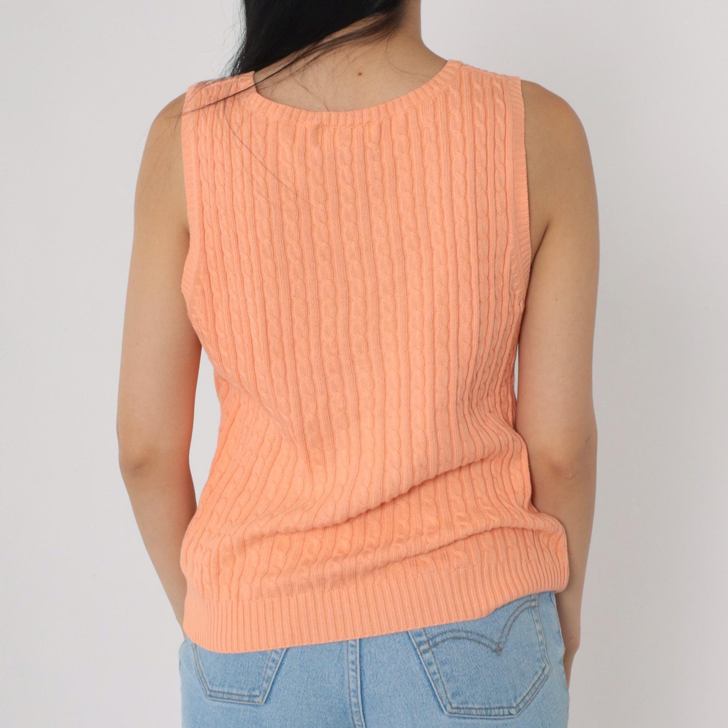 90s Cable Knit Vest Peach Scoop Neck Sleeveless Pullover Small