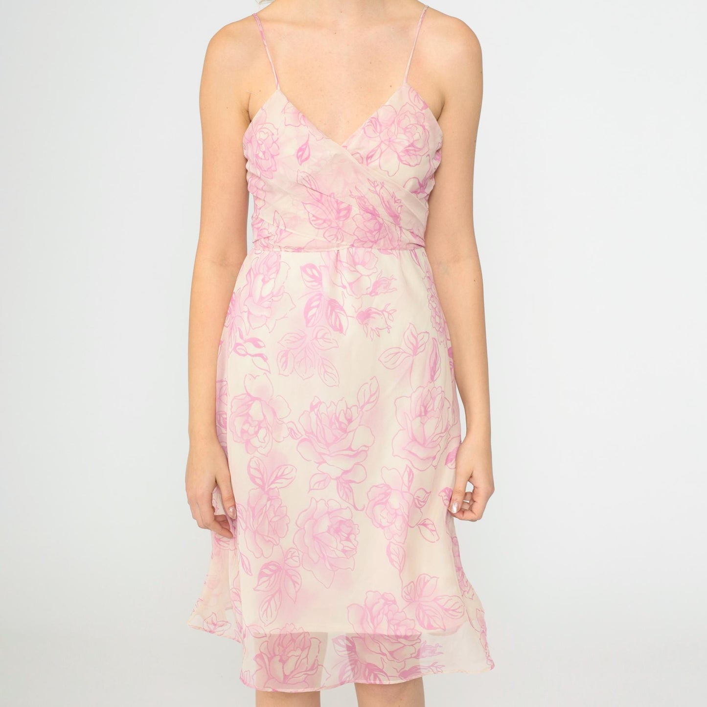 90s Y2K Cream Pink Floral Chiffon Midi Dress Surplice V Neck Spaghetti Strap Small