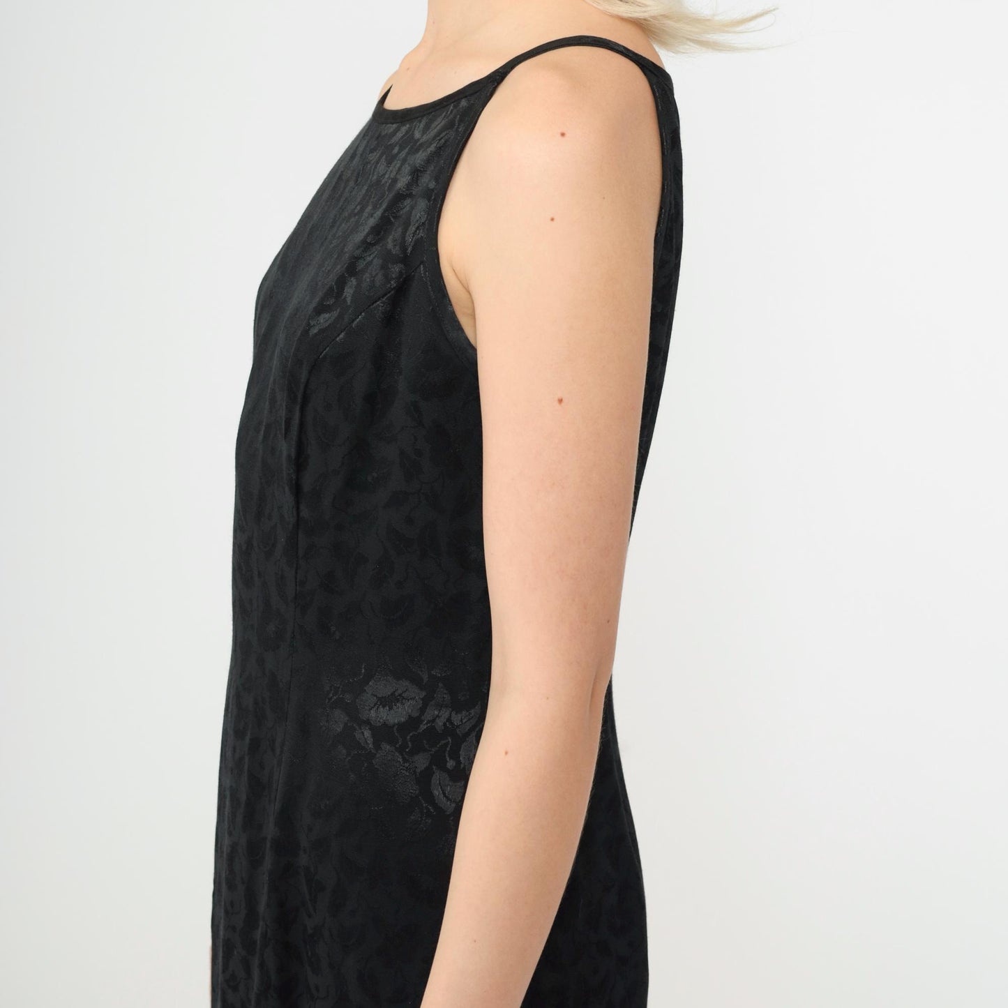 90s Black Jacquard Floral Midi Dress Spaghetti Strap Side Slit Sheath Medium 8
