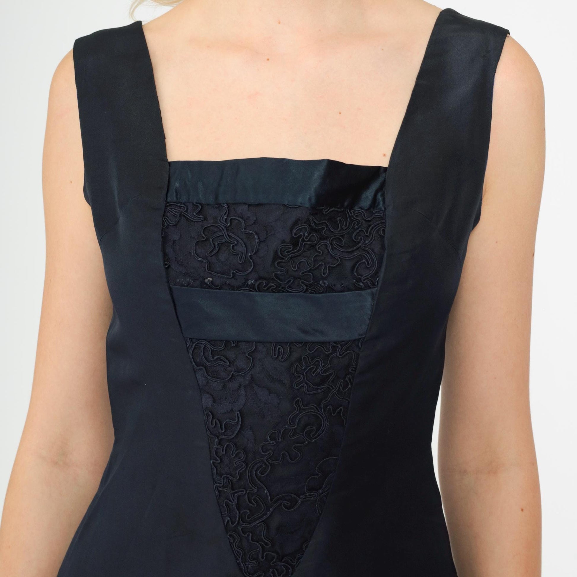 1950s Navy Cocktail Dress Soutache Lace Square Neckline Bow Back Knee-Length Extra Small