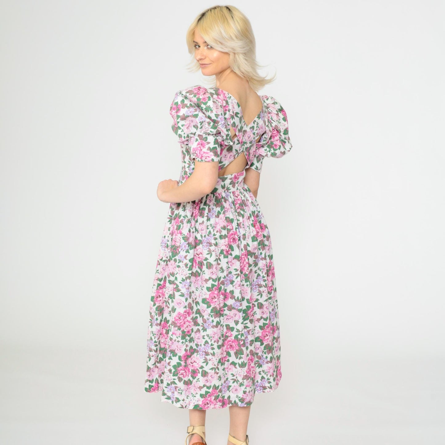 80s Act I Floral Puff Sleeve Midi Dress Criss-Cross Keyhole Back White Pink Extra Small