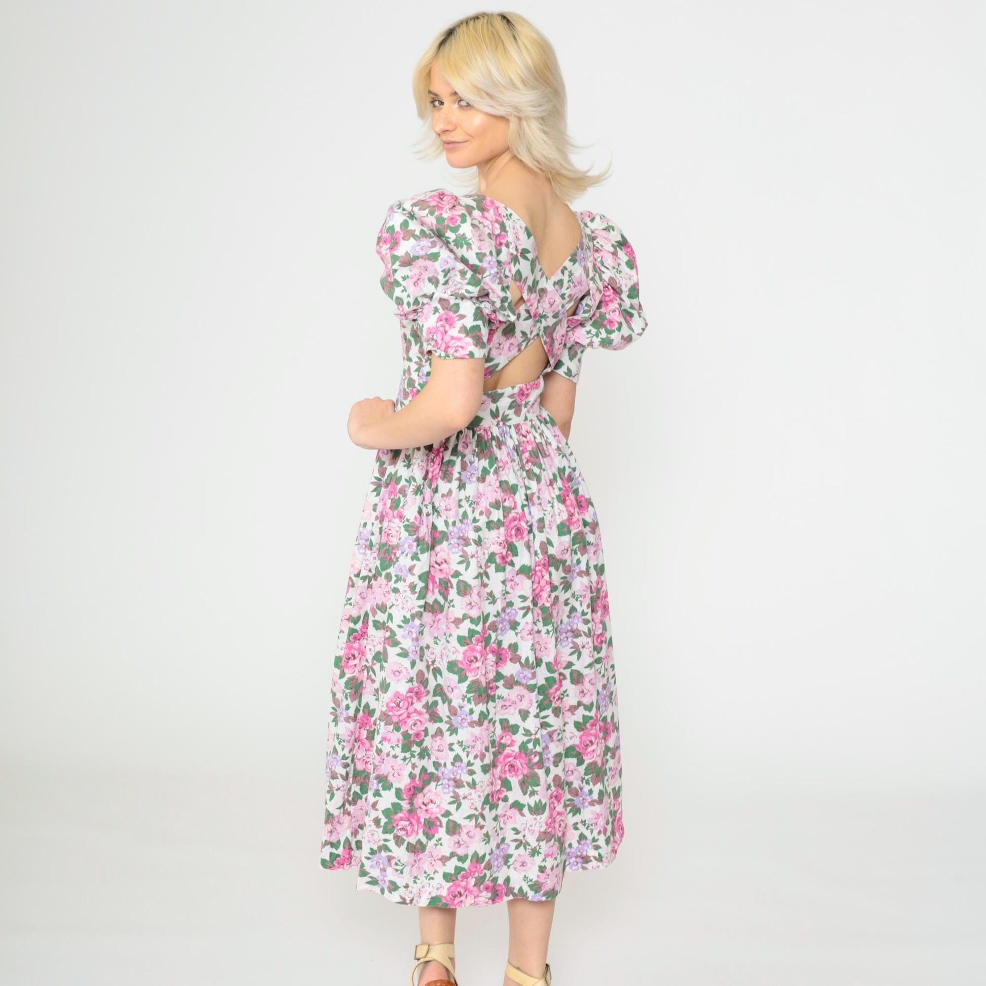 80s Act I Floral Puff Sleeve Midi Dress Criss-Cross Keyhole Back White Pink Extra Small