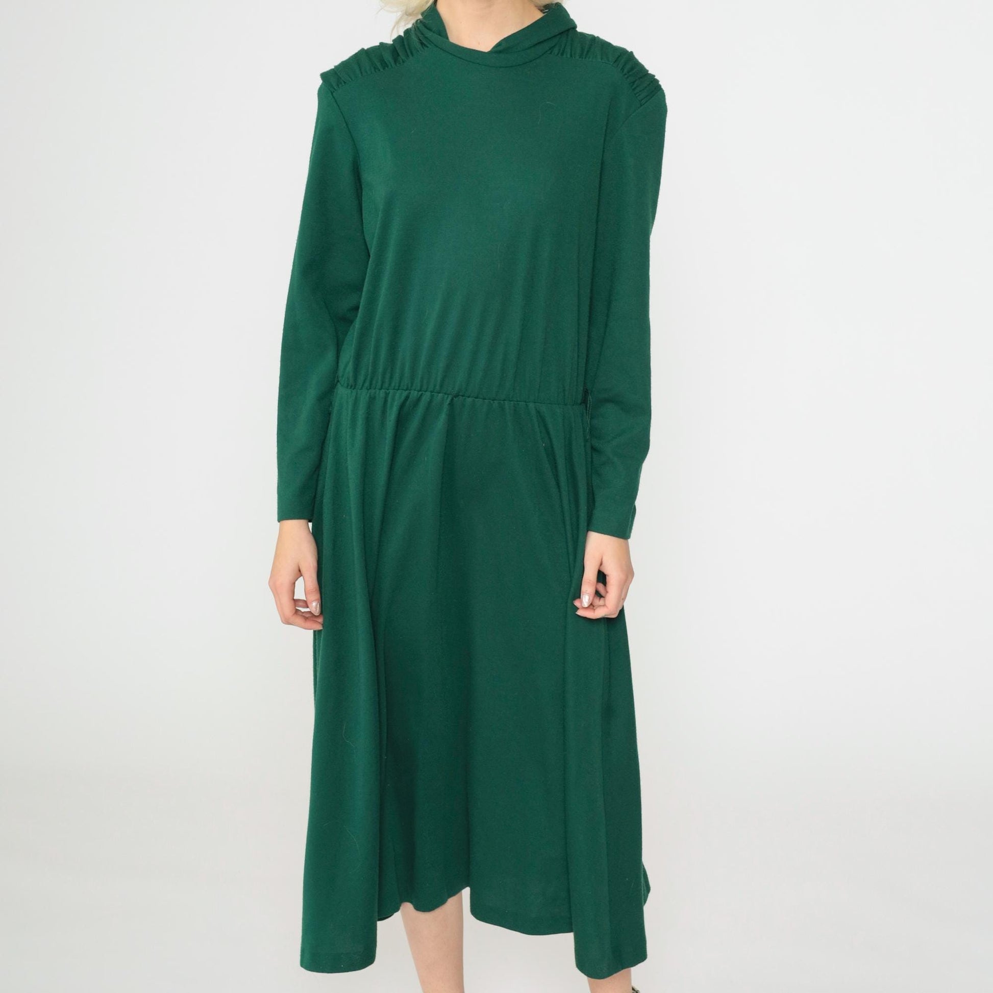 80s Green Midi Dress Mock Neck Long Sleeve Elastic Waist Medium