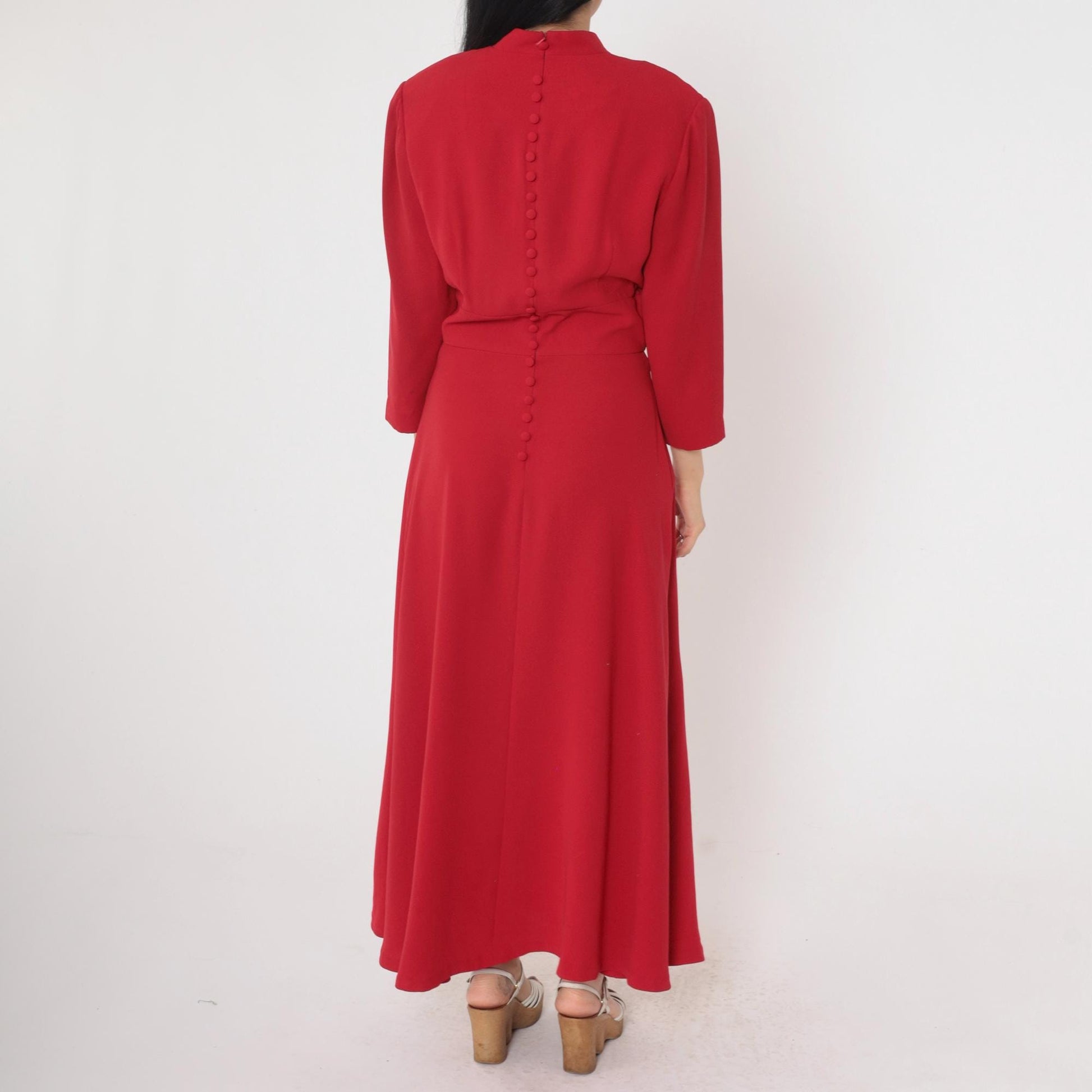 90s Donna Morgan Red Maxi Dress V-Neck High Waist Long Sleeve Small