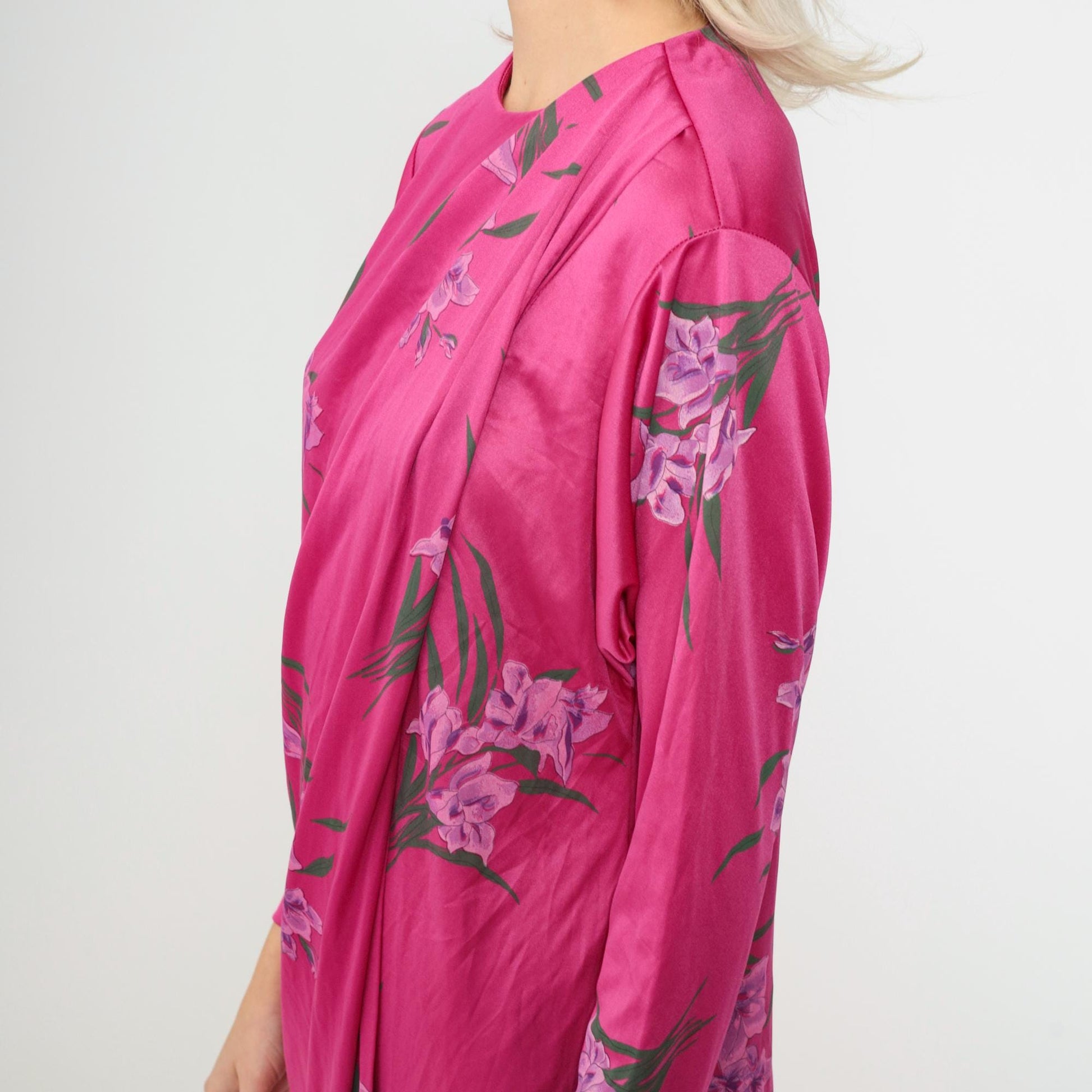70s Floral Shift Dress Bright Pink Tropical Print Long Sleeve Midi Medium
