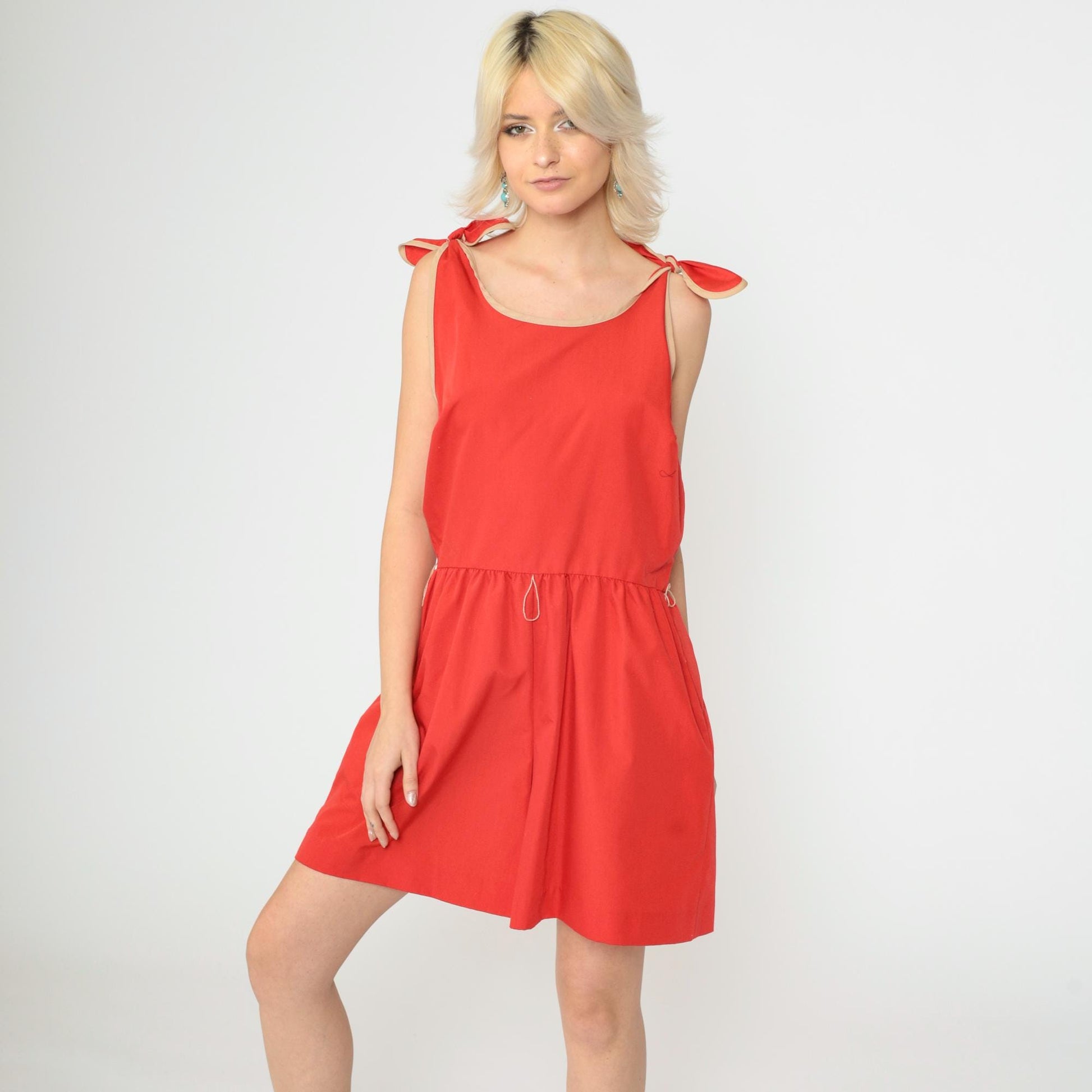 80s Red Ringer Romper Playsuit Tie Shoulder High Waist Sleeveless Medium