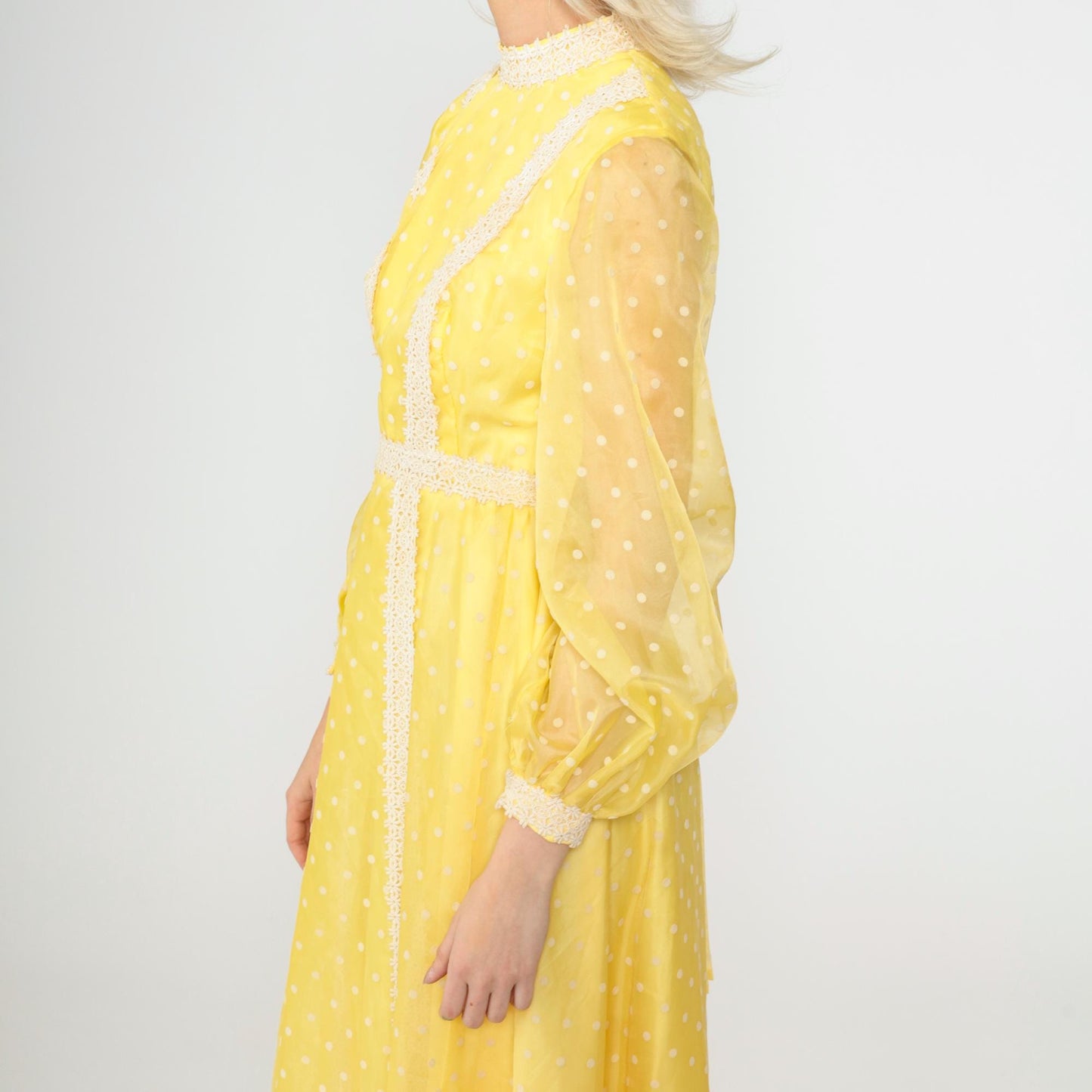 70s Yellow Polka Dot Organza Maxi Dress Balloon Sleeve Lace Trim Extra Small