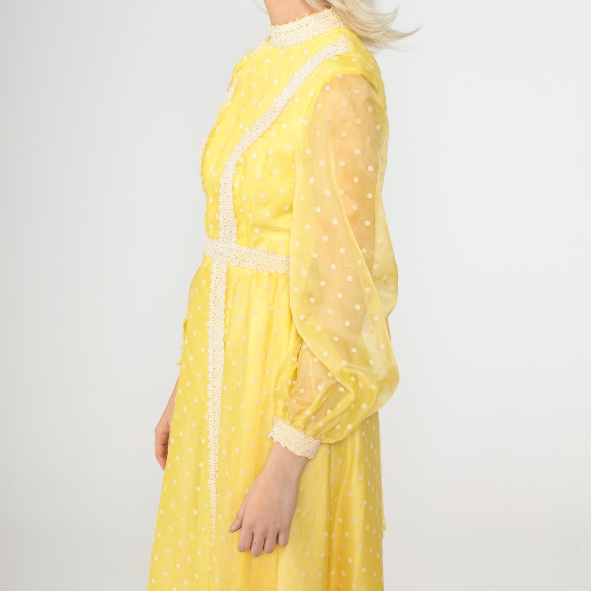 70s Yellow Polka Dot Organza Maxi Dress Balloon Sleeve Lace Trim Extra Small