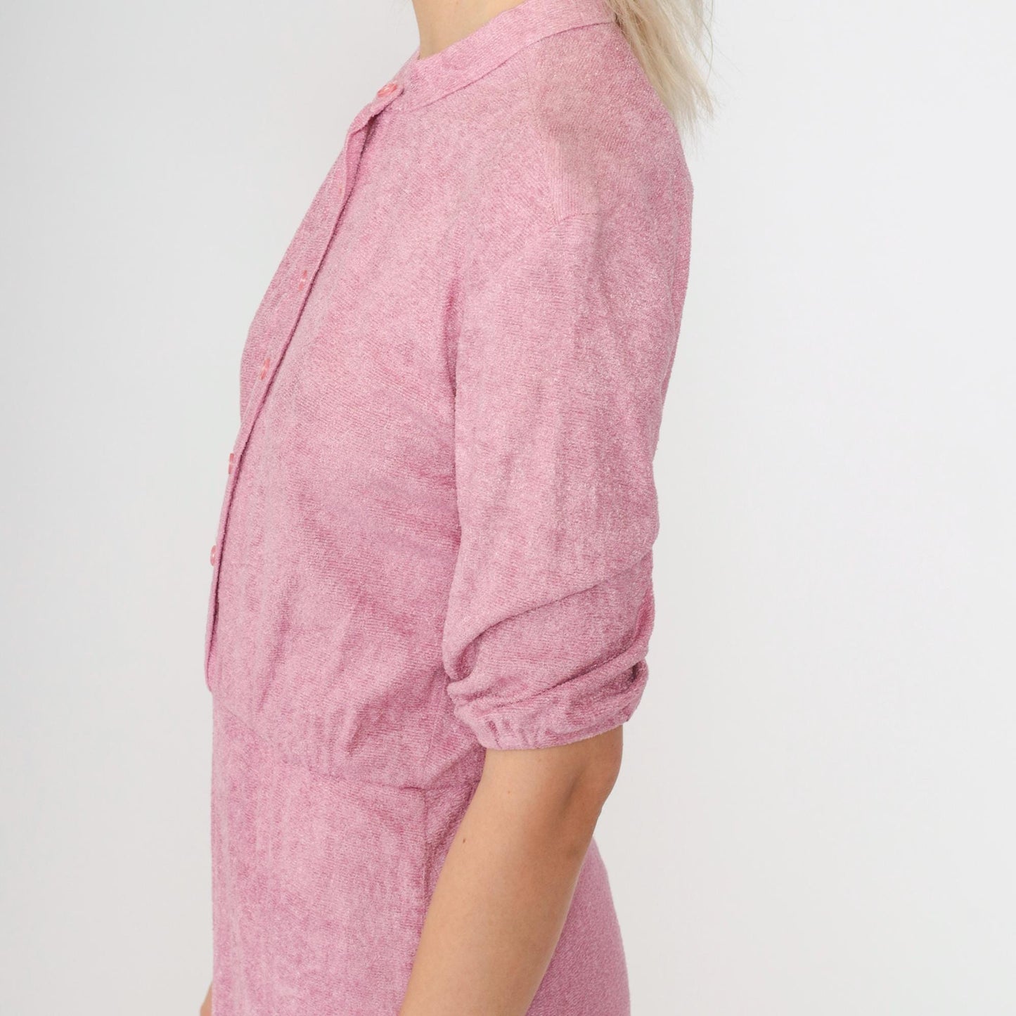 70s Pink Terry Cloth Midi Dress Mandarin Collar Button Up Half Sleeve Extra Small