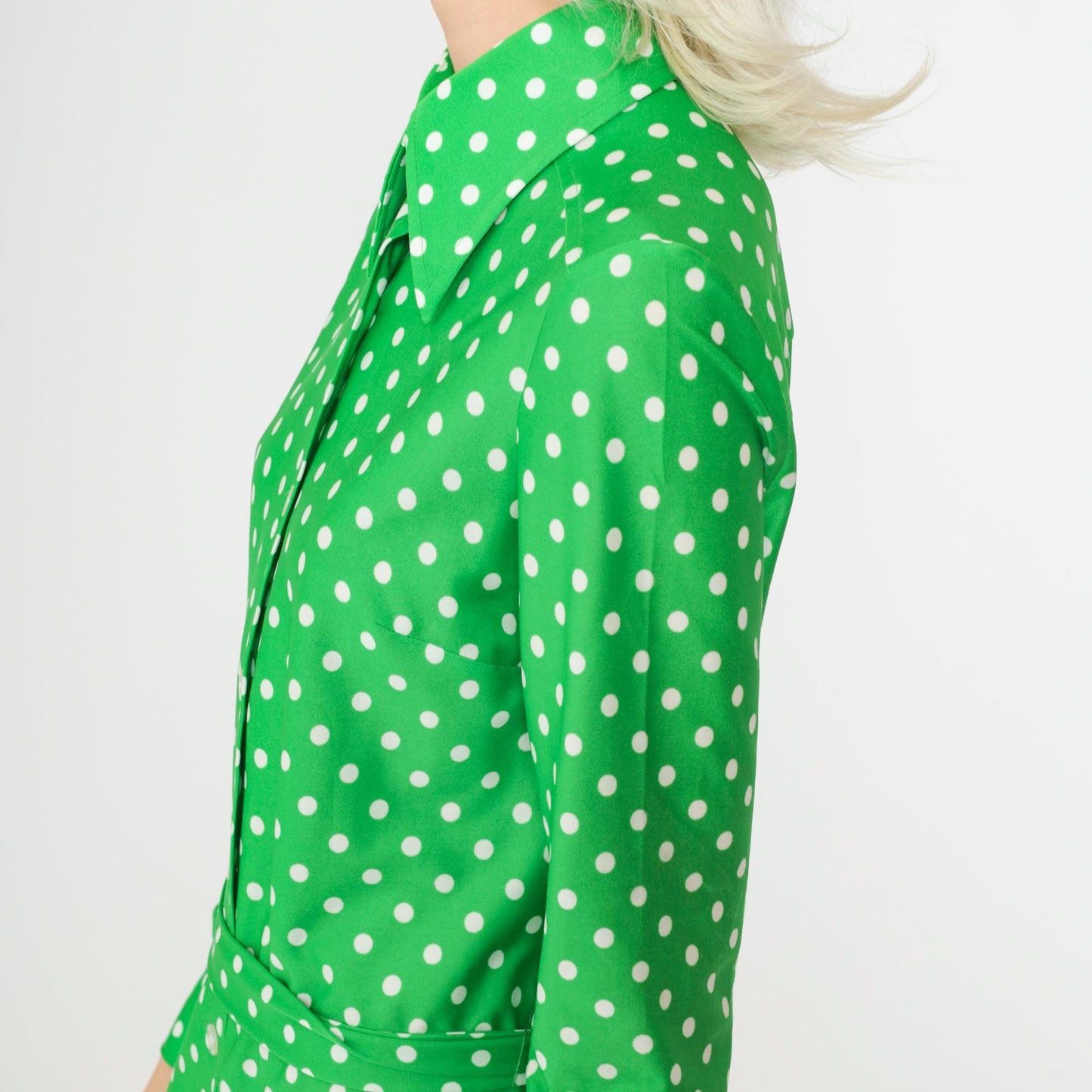 70s Green Polka Dot Shirtdress Midi Button-Up Dagger Collar Small S