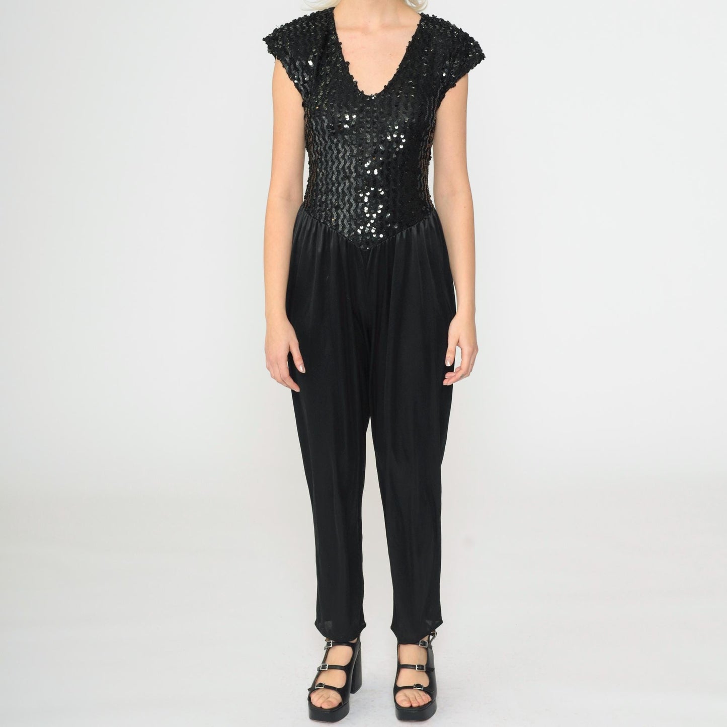 80s Black Sequin Jumpsuit Disco Keyhole Open Back Cap Sleeve Small
