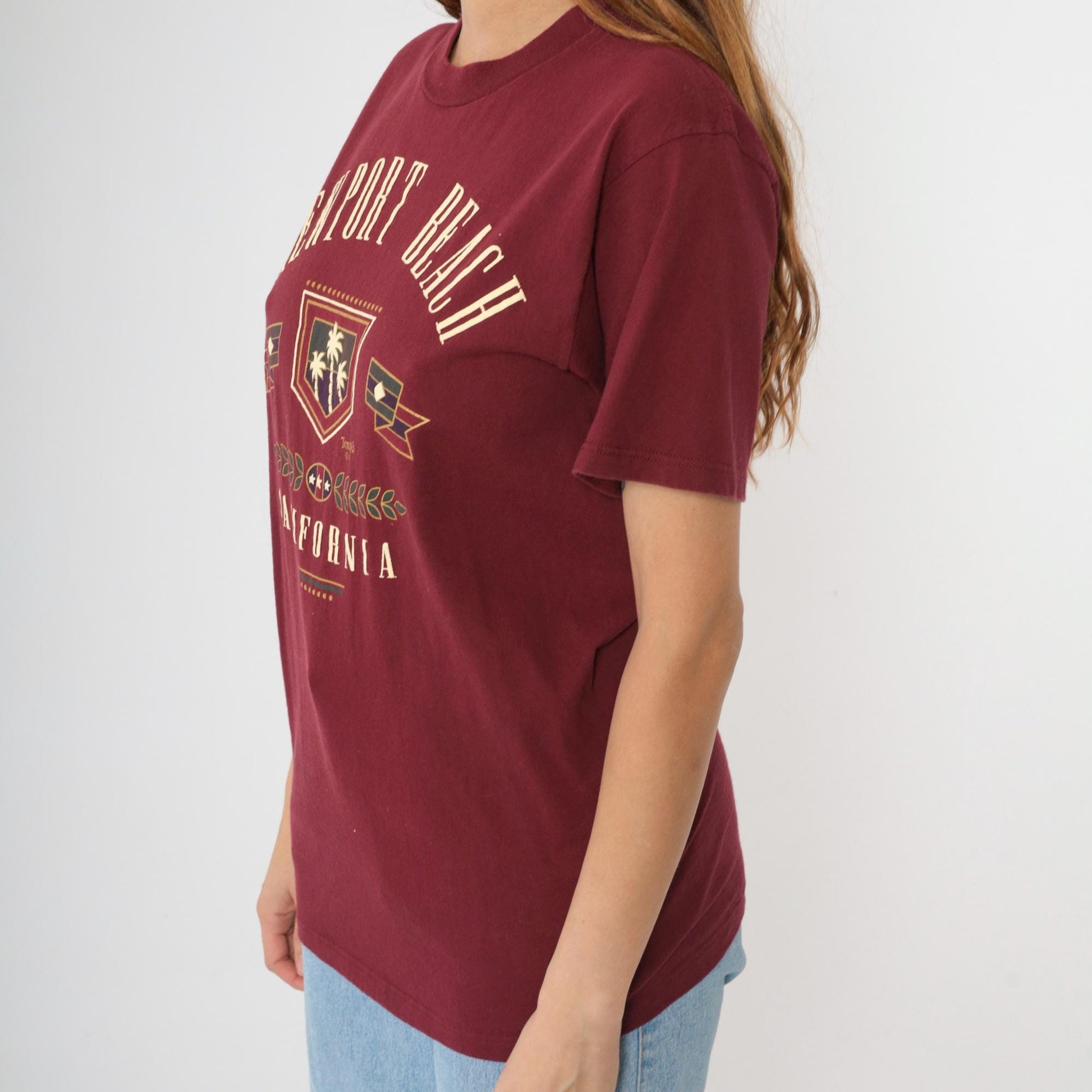 90s Newport Beach California Graphic Tee Burgundy Cotton Medium