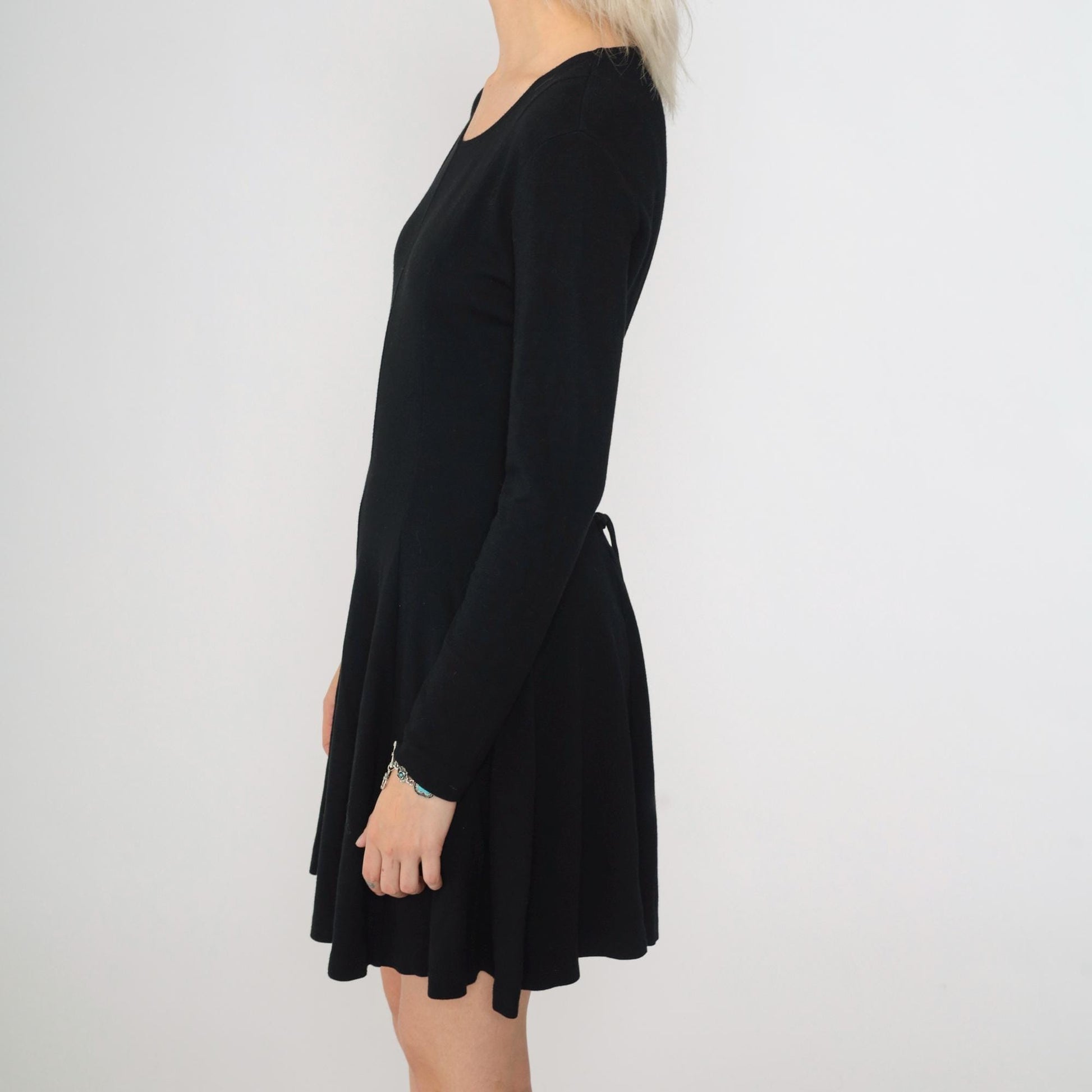 90s Norma Kamali Black Mini Dress Lace-Up Back Long Sleeve Scoop Neck Small Medium