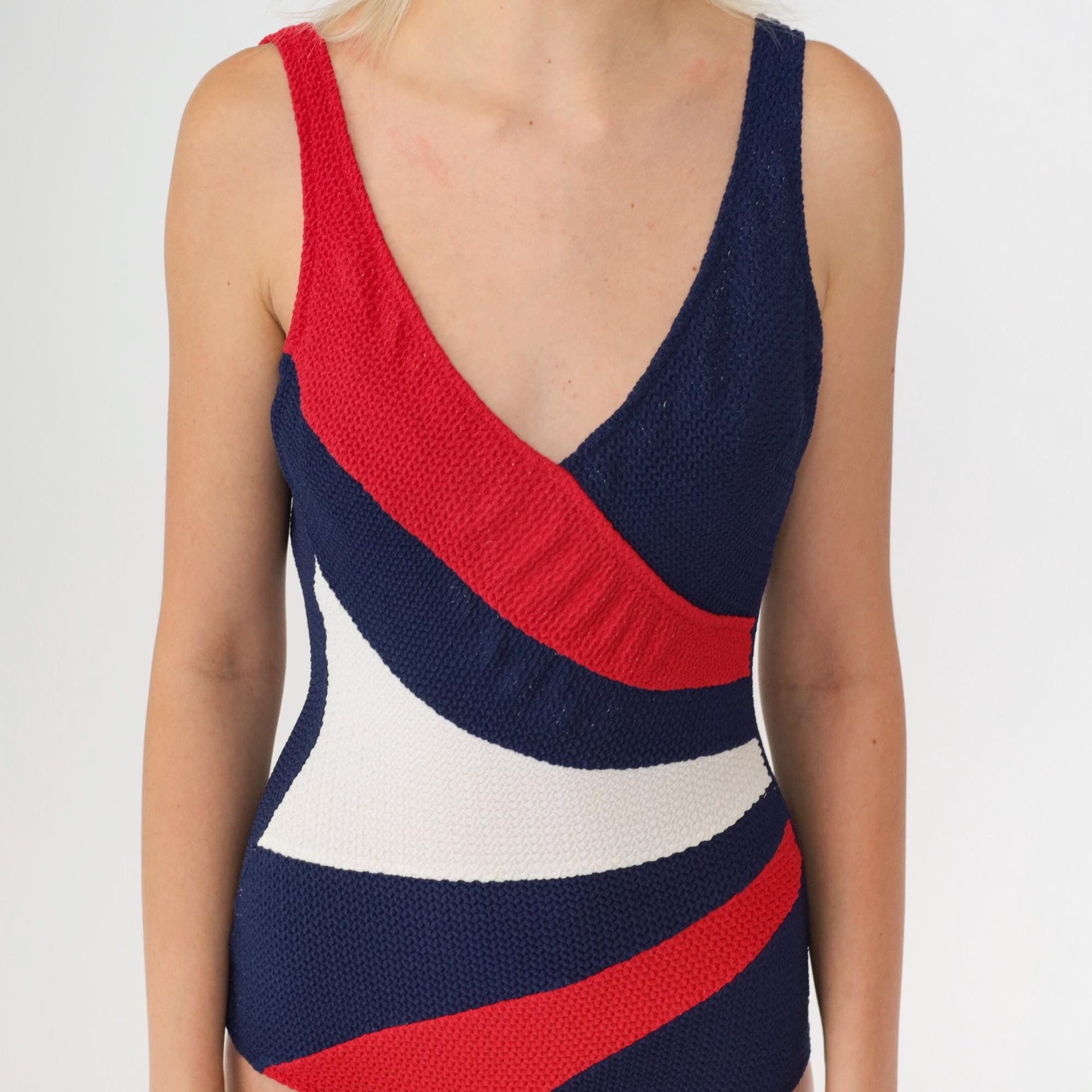 70s Robby Len One-Piece Swimsuit Red White Blue Color-Block V-Neck Low Back Medium
