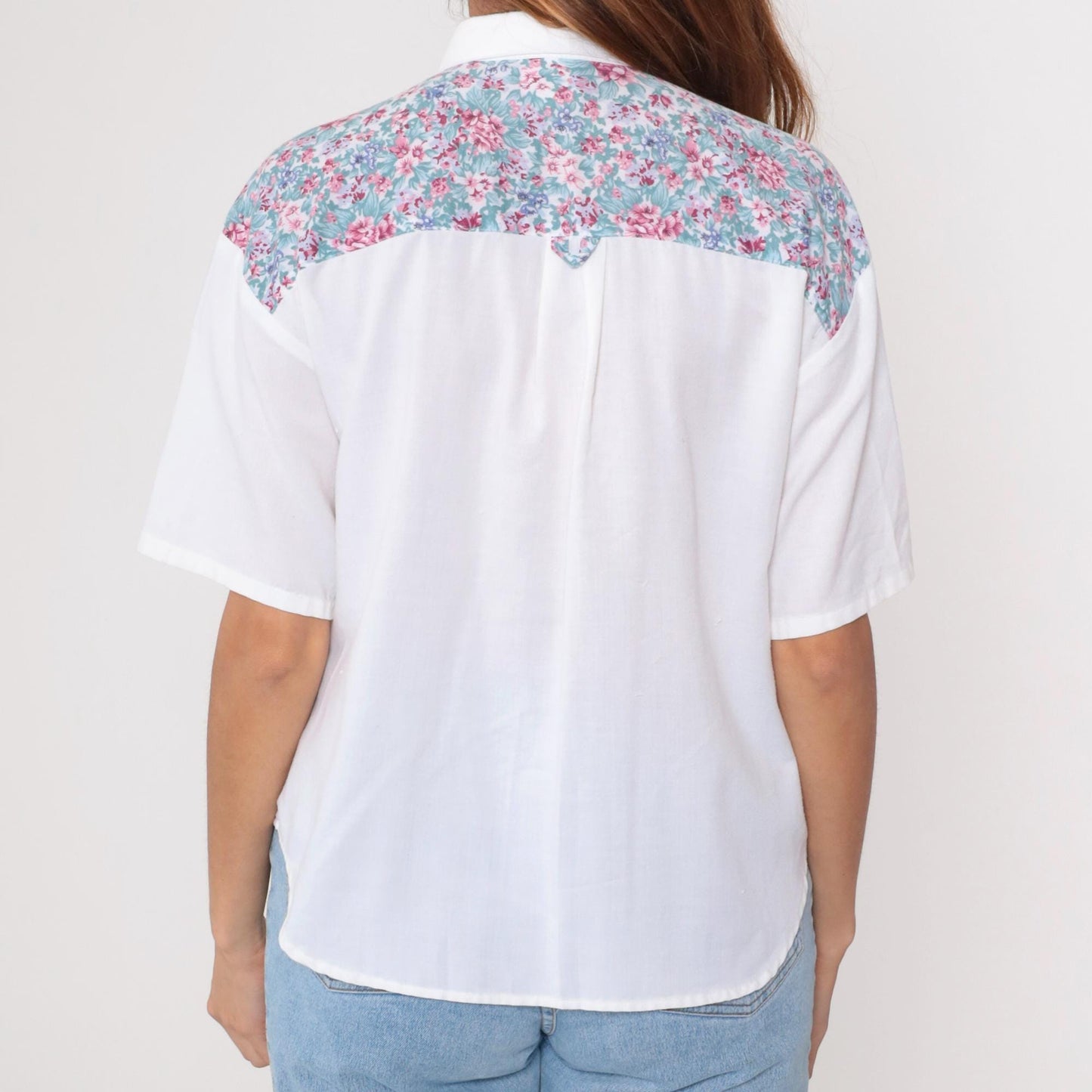 90s Fritzi Petites White Floral Button-Up Blouse Short Sleeve Medium