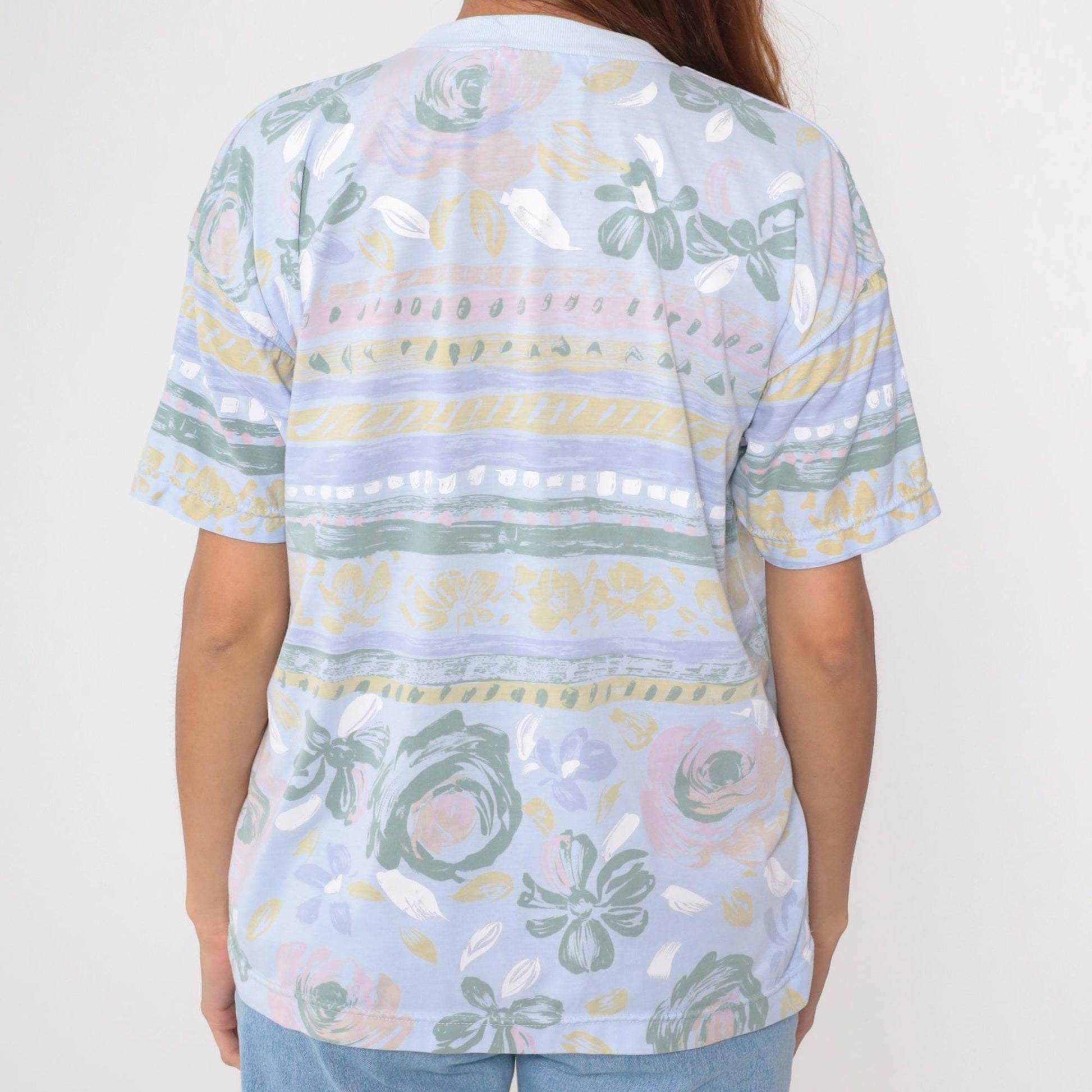 90s Floral Ringer Tee Pastel Blue Striped Graphic T-Shirt Large L