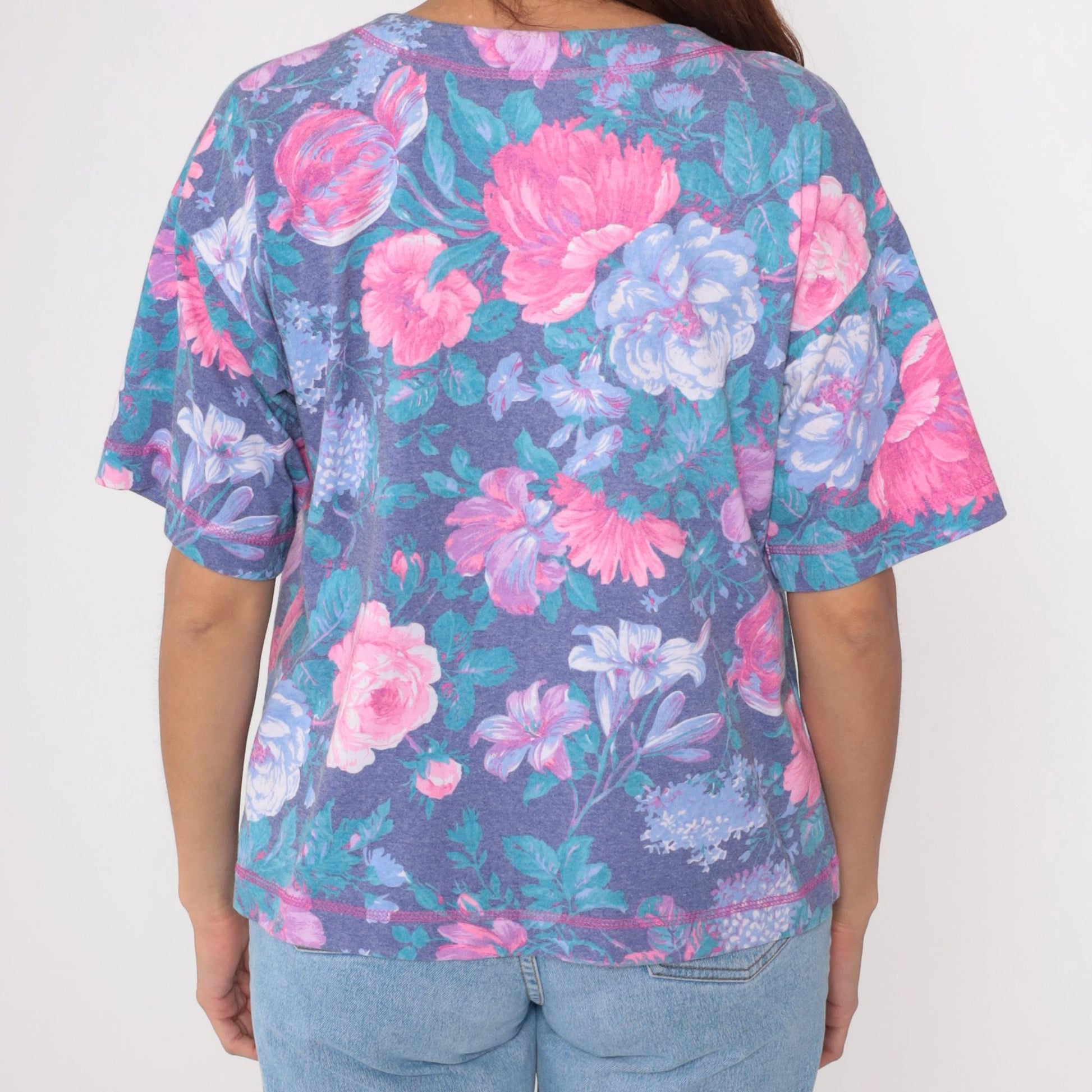 90s Floral Button-Up Blouse Purple Pink Flower Print Short Sleeve Medium