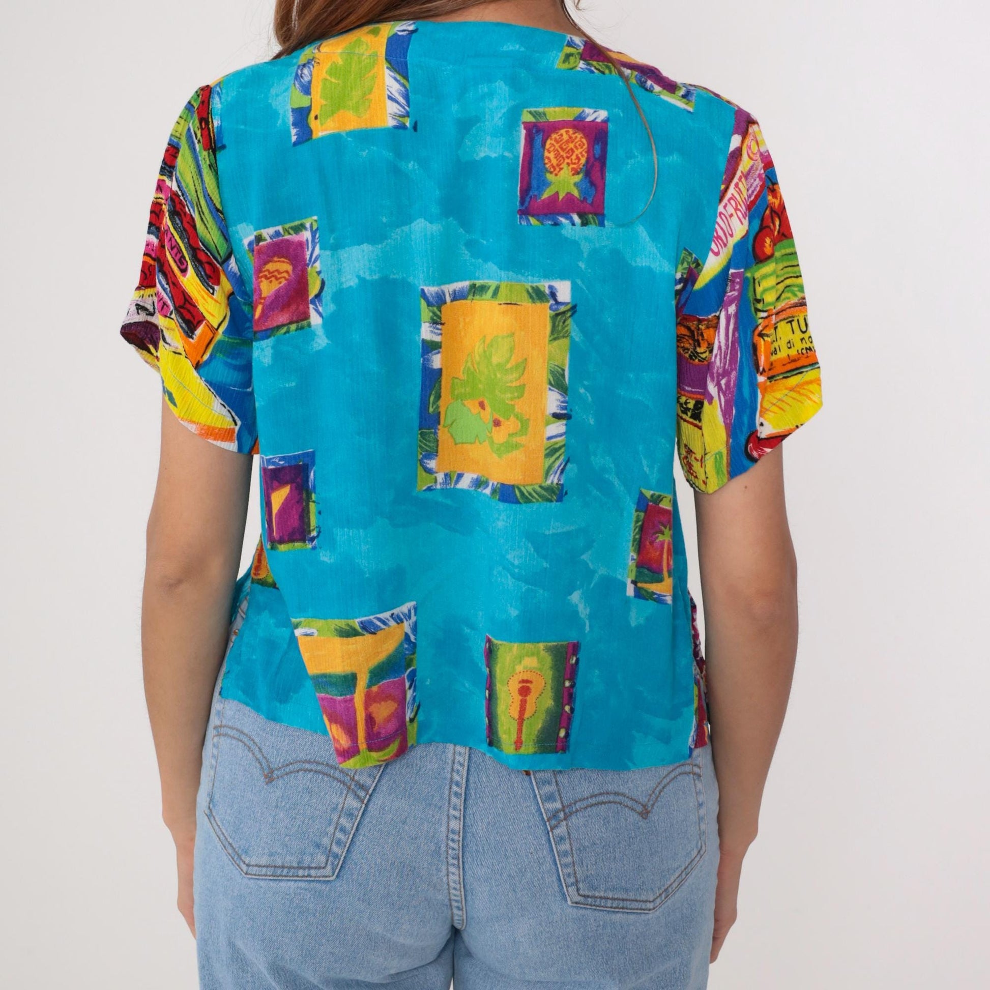 90s Key Lime Pie Tropical Fruit Guitar Print Rayon Button-Up Blouse Medium