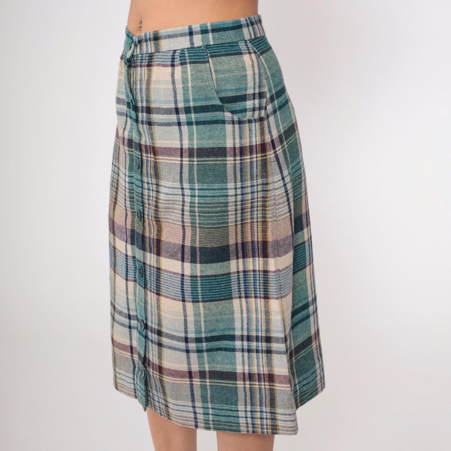 70s Hunter Sportswear Plaid Midi Skirt High Waist A-Line Button Front Teal Beige Medium