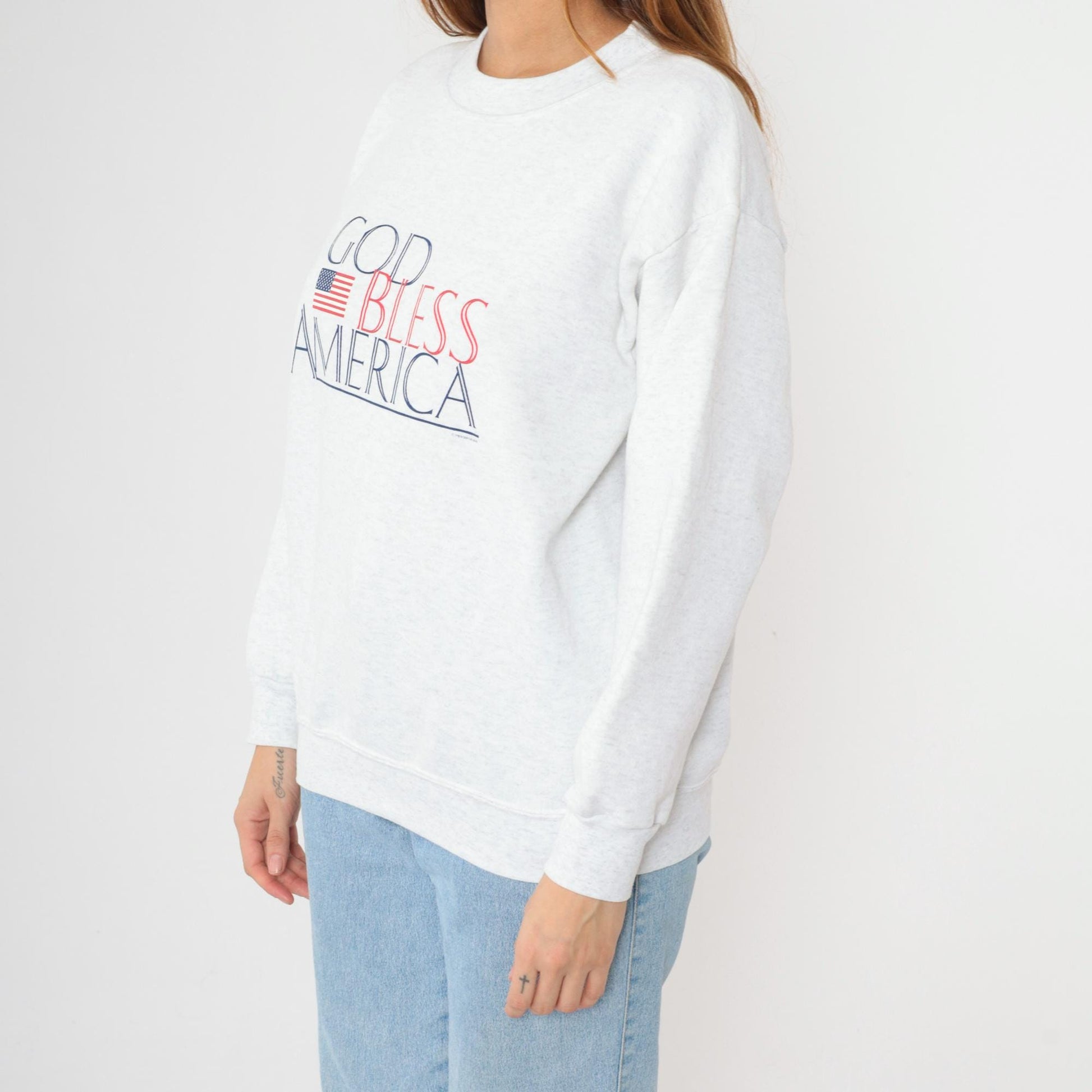 90s God Bless America Sweatshirt Heather Grey Graphic Crewneck Large