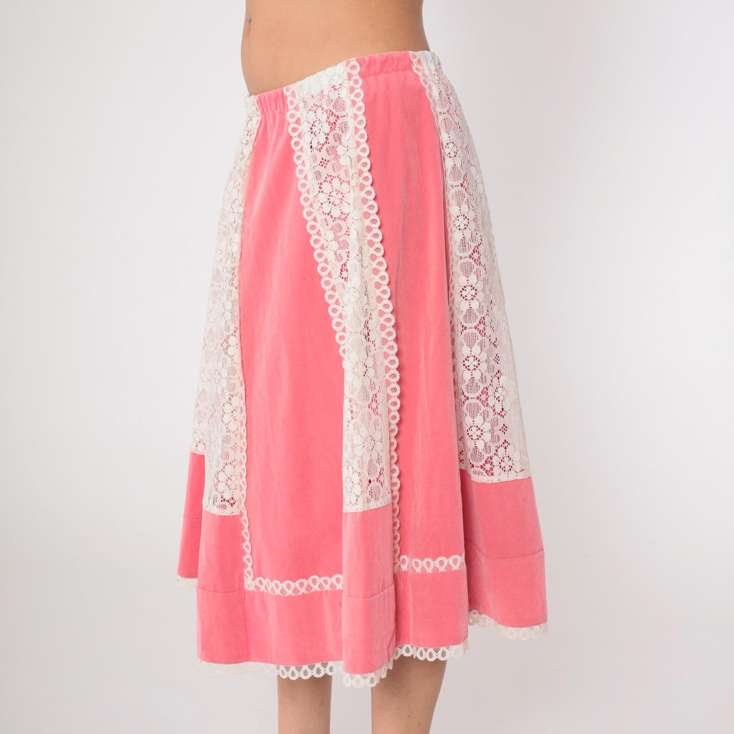 70s Carefree Fashions Pink Velour Midi Skirt Lace Trim High Waist Medium Large