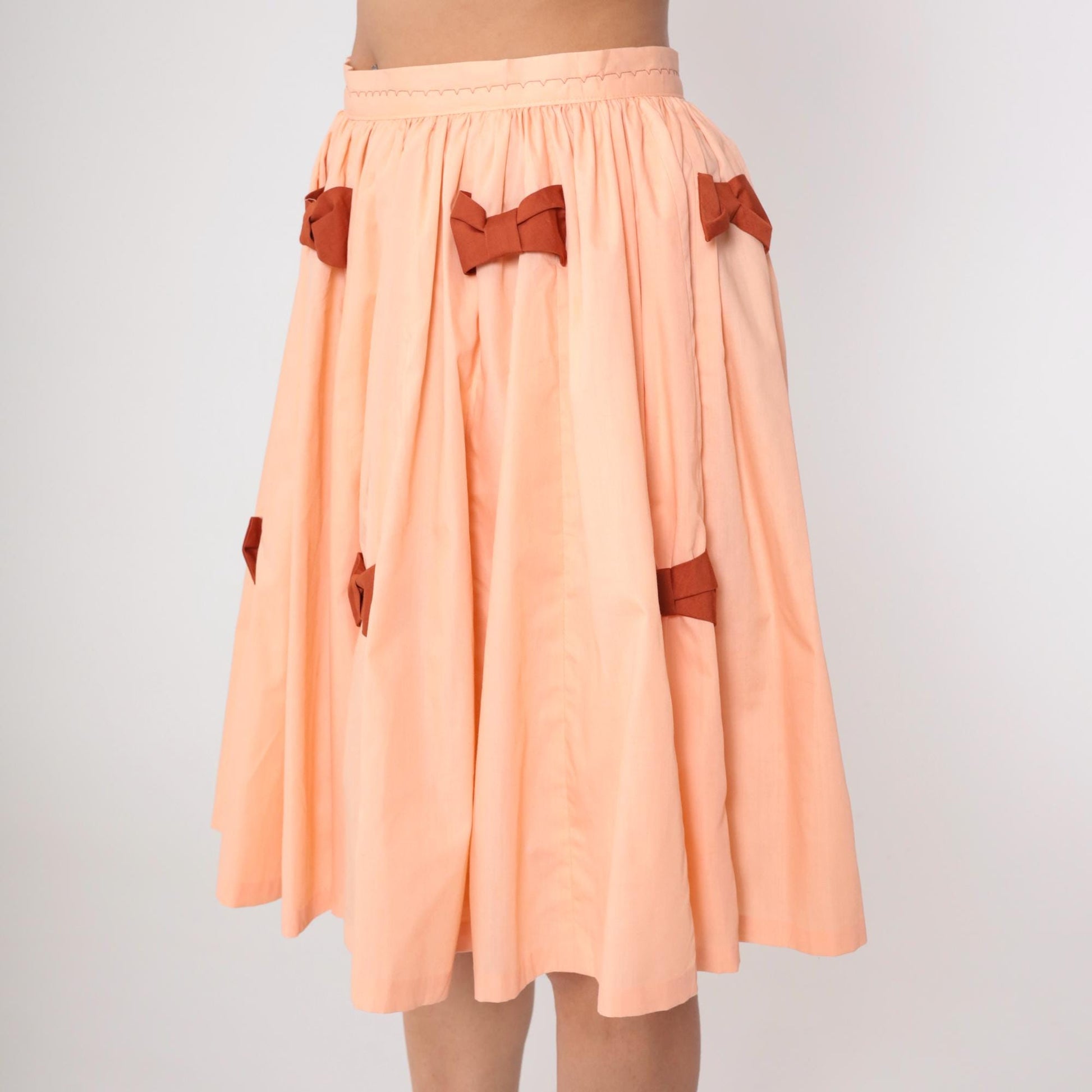 1970s Peach Full Circle Midi Skirt High Waisted Brown Bow Medium