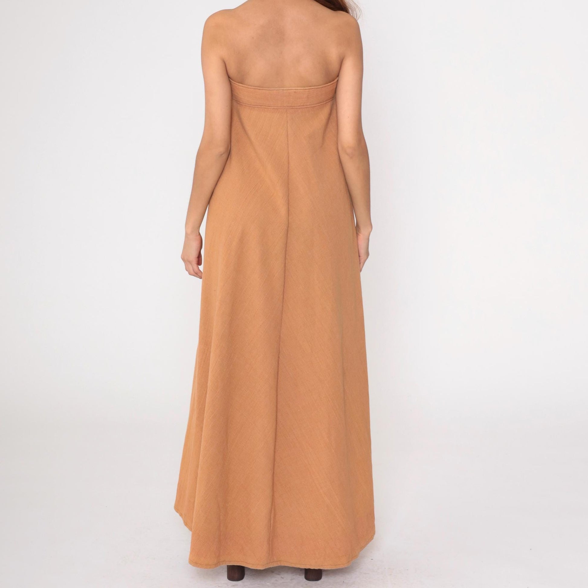 70s Brown Strapless Maxi Dress Lace Up Corset Front Small
